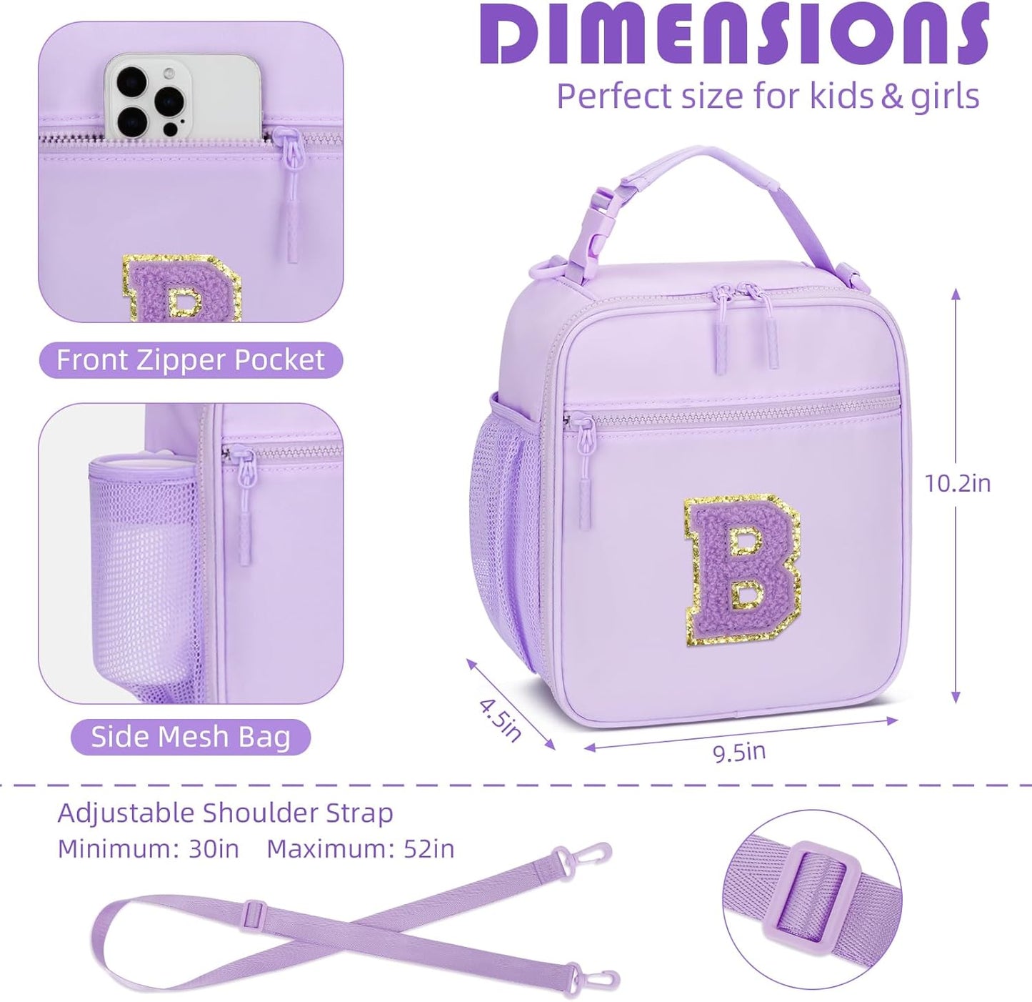 Initial Insulated Lunch Bag for Girls Kids, Back to School Gift, Reusable Leak-proof Lunch Box with Adjustable Strap for School Daycare Travel Picnic (Purple,B)