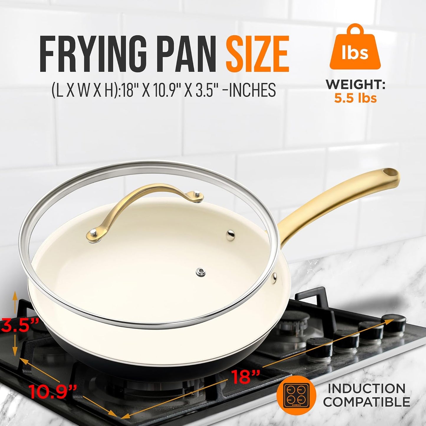 NutriChef 10-Inch Professional Ceramic Frying Pan With Lid - Medium Skillet with Golden Titanium Handle, Non-Stick Ceramic Coating, Stain-Resistant, Easy to Clean, Ideal for Home Cooking