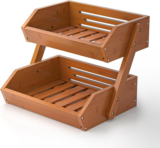 G.a HOMEFAVOR Fruit Basket for Kitchen, 2-Tier Fruit Bowl for Kitchen Counter, Vegetable Storage Stand for Fruit Shop, 15 mm Thickness, Brown