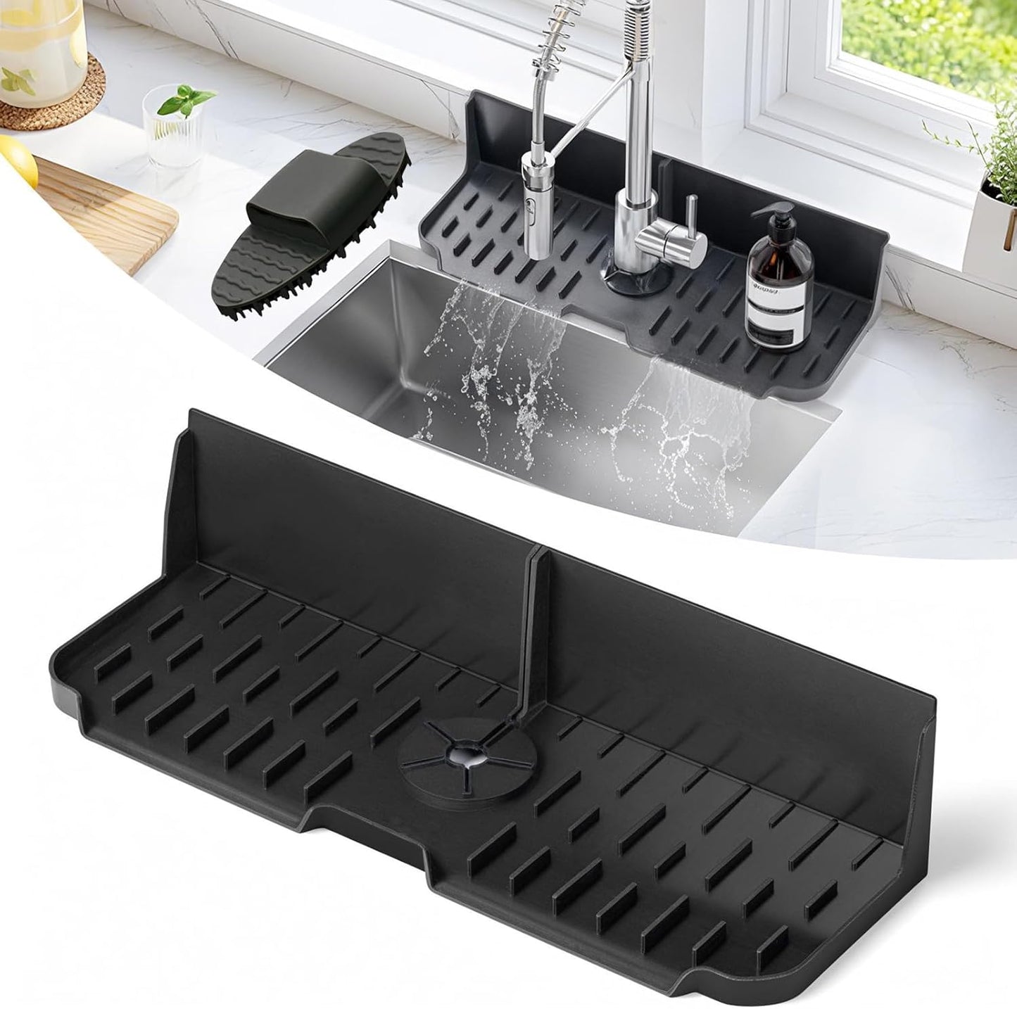 Kitchen Sink Splash Guard，Sink Draining Pad Behind Faucet，Faucet Mat for Kitchen Sink，Comes with a Silicone Brush for Cleaning Drying Mat for Countertop Protect