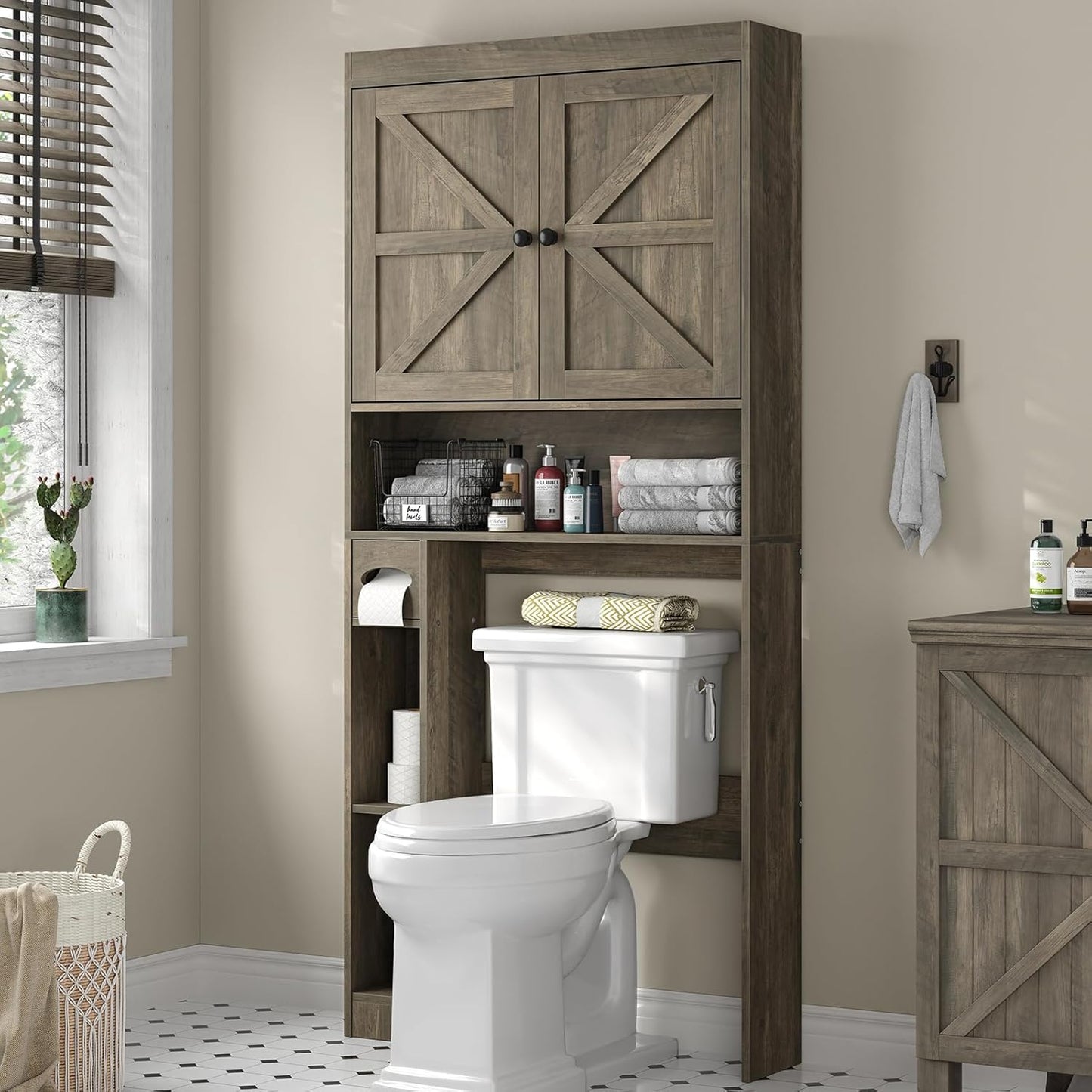 Furnideco 32.3''W Over The Toilet Storage Cabinet with Barn Doors, Over Toilet Shelf Farmhouse Storage Cabinet Space Saver with Toilet Paper Holder & Adjustable Bottom Bar, Gray