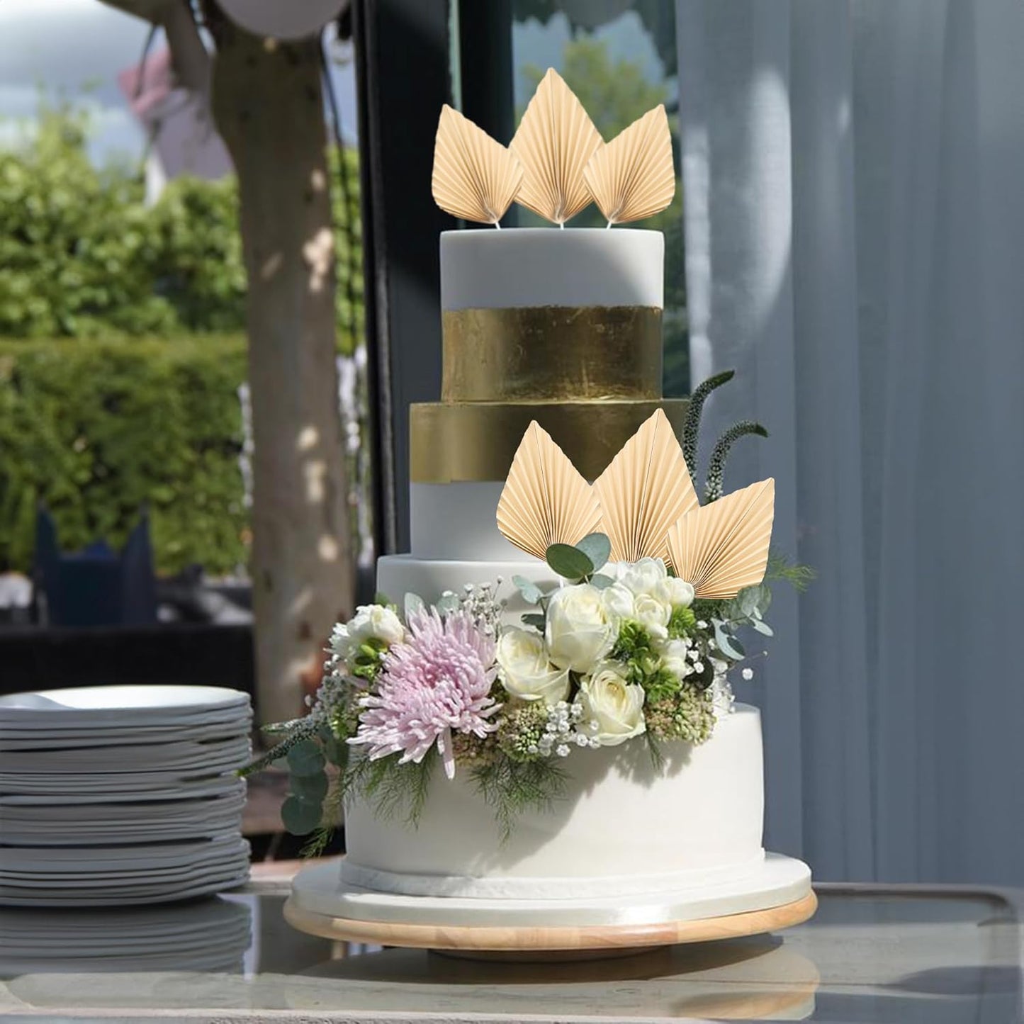 Gyufise 6Pcs Paper Palm Fan Cake Toppers Palm Leaf Fan Cake Topper Palm Spear Leaf Cupcake Toppers Cake Insert Decoration For Cake Decorating Diy Craft Project Home Wedding Party Supplies Beige