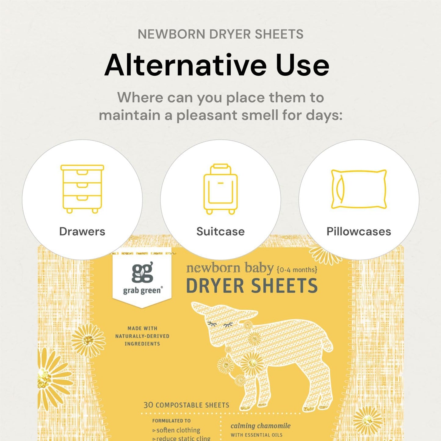 Grab Green Newborn Baby Dryer Sheets, 40 Sheets, Chamomile Scent, Plant and Mineral Based, Compostable, Softens Clothing and Linens, Reduces Static Cling