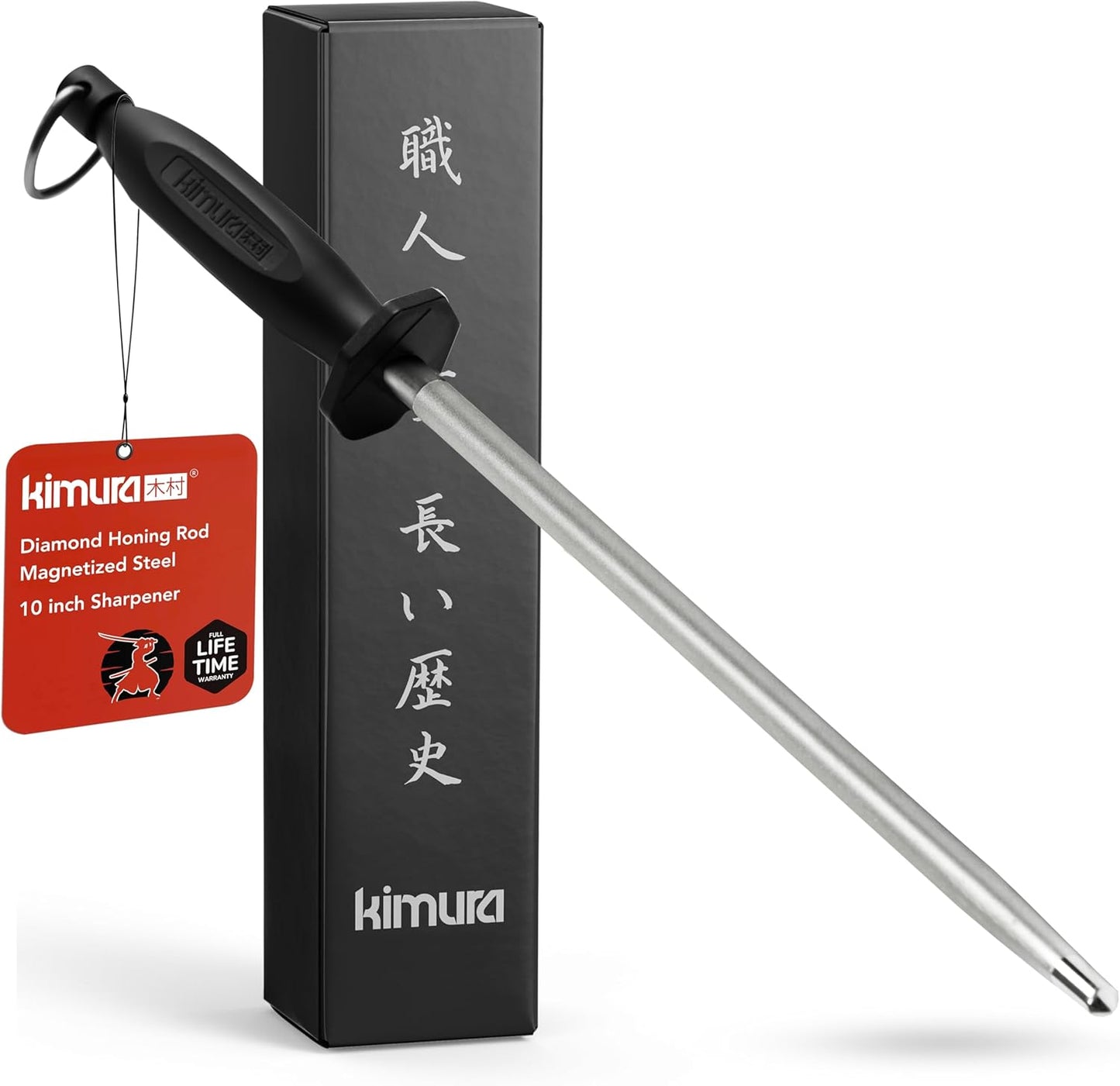 Kimura Professional Diamond Honing Rod, 10 Inch, Silver, Extra Fine Grit, Magnetized, Ergonomic Handle, Versatile Knife Sharpener, Japanese Gift Box