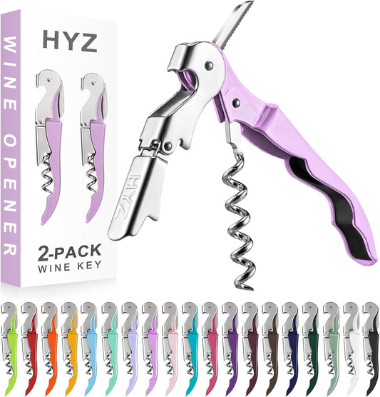 HYZ 2-Pack Wine Opener Waiter Corkscrew, Professional Wine Key for Servers, Bartender with Foil Cutter, Manual Wine Bottle Opener Double Hinged (Light Purple)