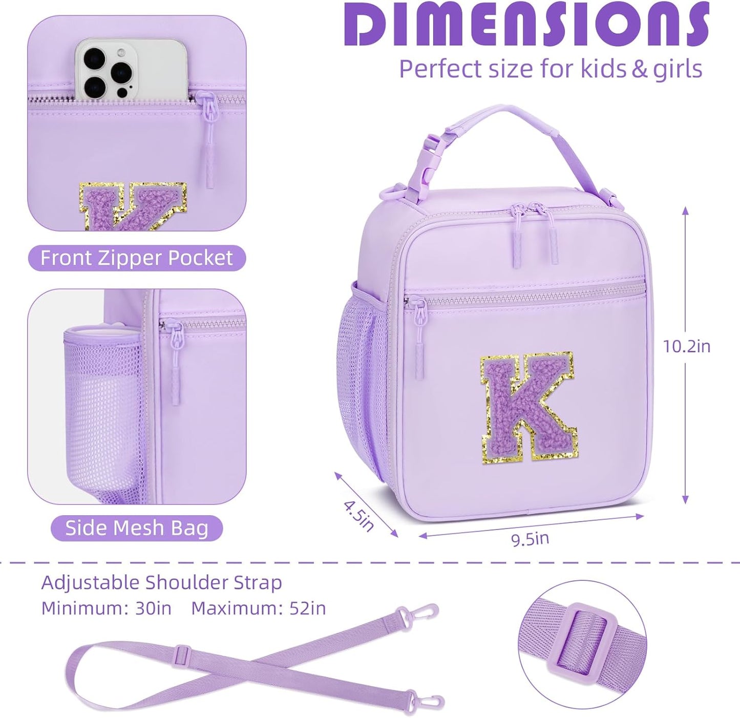 Initial Insulated Lunch Bag for Girls Kids, Back to School Gift, Reusable Leak-proof Lunch Box with Adjustable Strap for School Daycare Travel Picnic (Purple,K)