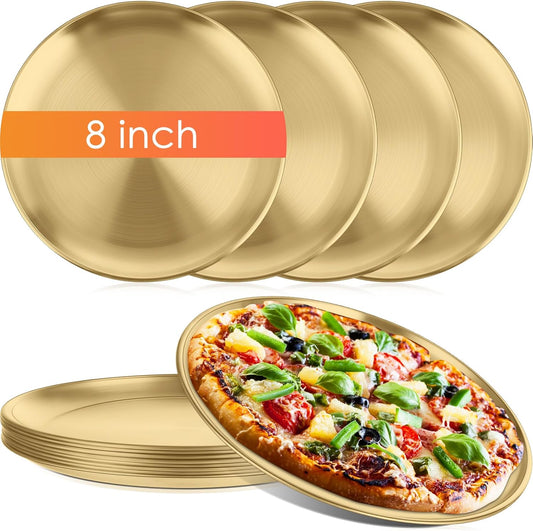 Thenshop 8 Pieces 8 Inch Pizza Pans Bulk Stainless Steel Sets Round Bakeware Pizza Trays for Oven Kitchen Baking Home Restaurant Safe Sturdy Reusable Easy Clean(Gold)