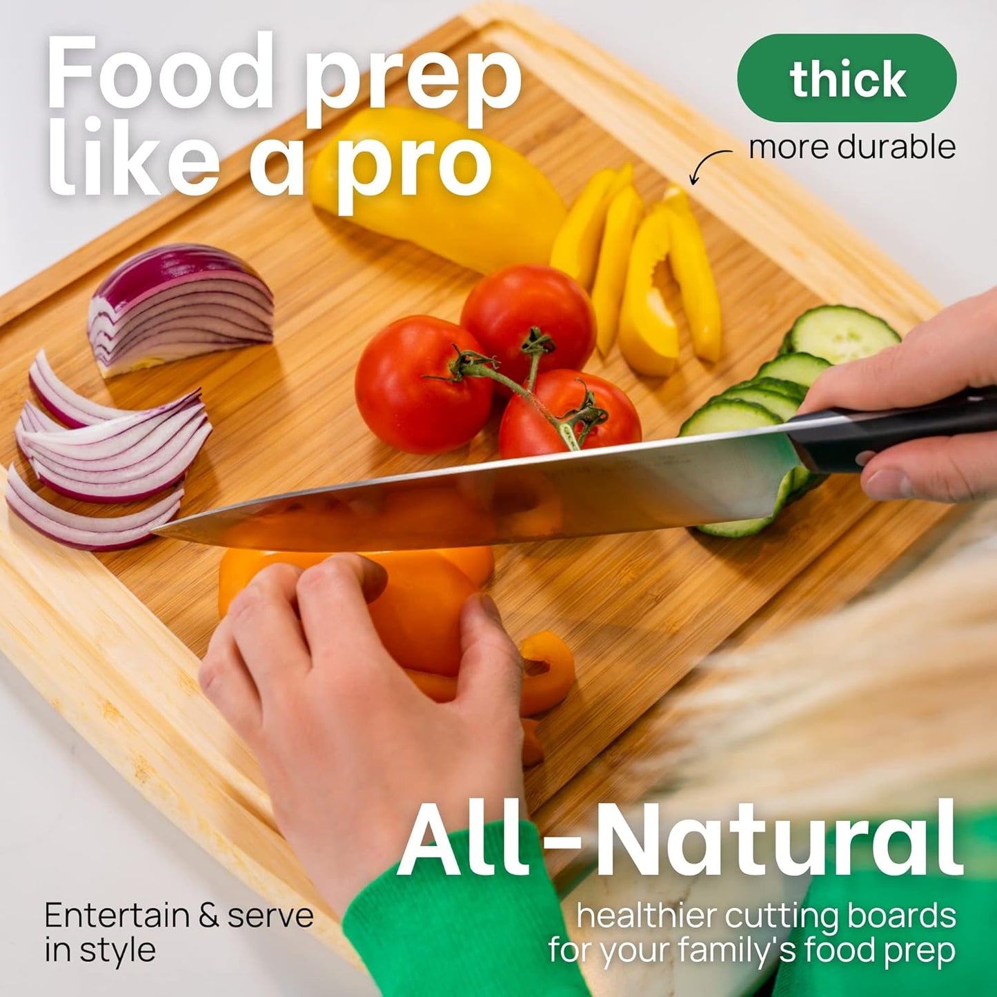 GREENER CHEF 15 Inch Medium Cutting Board with Lifetime Replacements, Bamboo Cutting Boards for Kitchen, Butcher Block, Medium Wooden Chopping Board for Meat, Veggies, Non Toxic Charcuterie Board