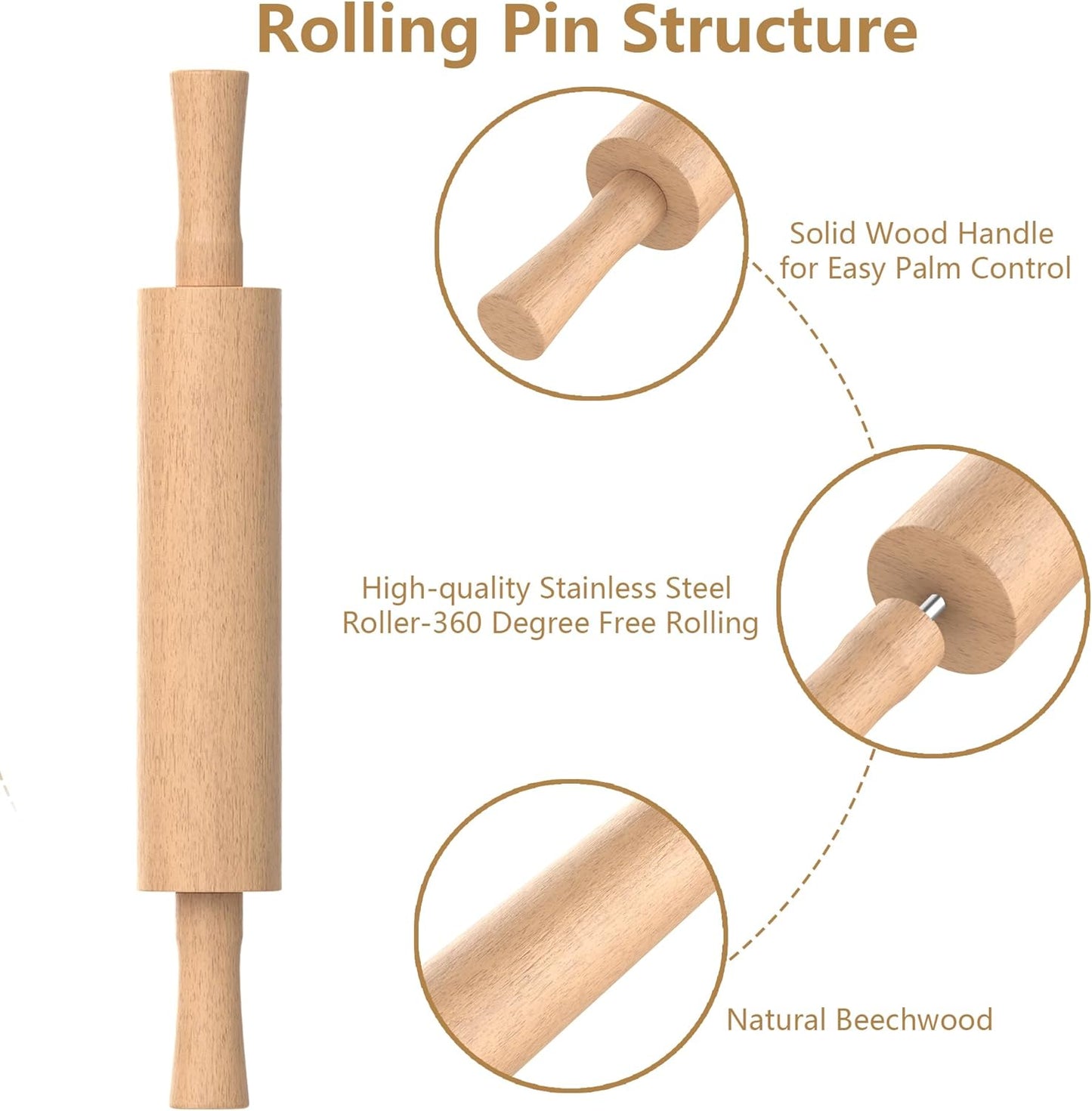 Classic Wooden Rolling Pin with Handle and Pastry Mat for Fondant, Pizza, Pies, Cookies, Rolling Pin for Baking with 3 Multi-Color Thickness Rings, 17" x 2.5" Natural Beechwood