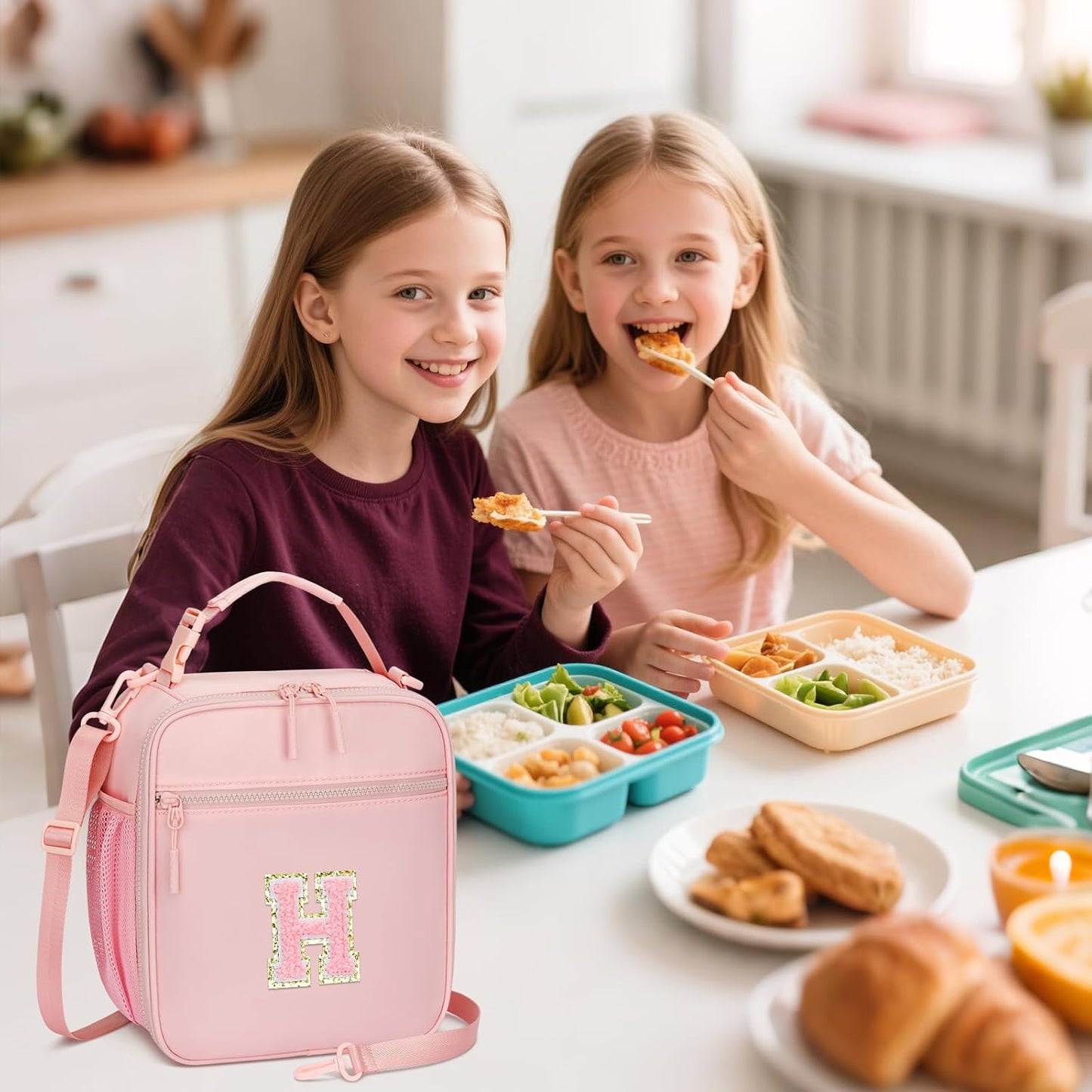 Initial Insulated Lunch Bag for Girls Kids, Back to School Gift, Reusable Leak-proof Lunch Box with Adjustable Strap for School Daycare Travel Picnic (Pink,H)