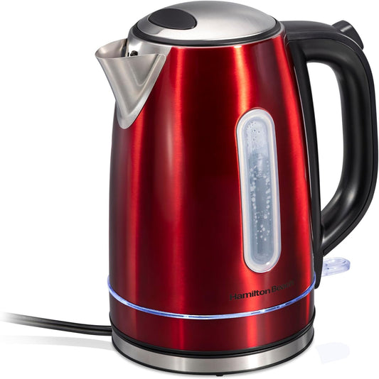 Hamilton Beach Electric Tea Kettle, Water Boiler & Heater, 1.7 Liter, Cordless Serving, 1500 Watts for Fast Boiling, Auto-Shutoff and Boil-Dry Protection, Red with LED Light Ring (41060)