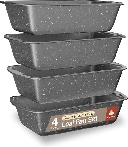 Nonstick Loaf Pan Set Pack of 4, Carbon Steel 11" Large Baking Bread Pan, Oven Safe Up to 450°F, PFOA, PFOS, PTFE Free, Space Saving Stackable Design, Stain Resistant, Dishwasher Friendly, Gray Marble