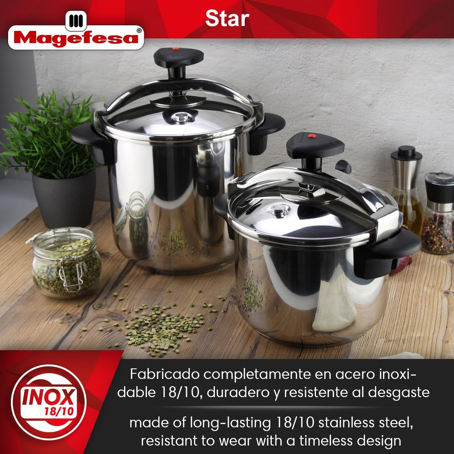 MAGEFESA Star Pressure Cooker, 10.6-Quart, 18/10 Stainless Steel, Works on All Stovetops (Induction Compatible), Safety Lock & 8 PSI Cooking