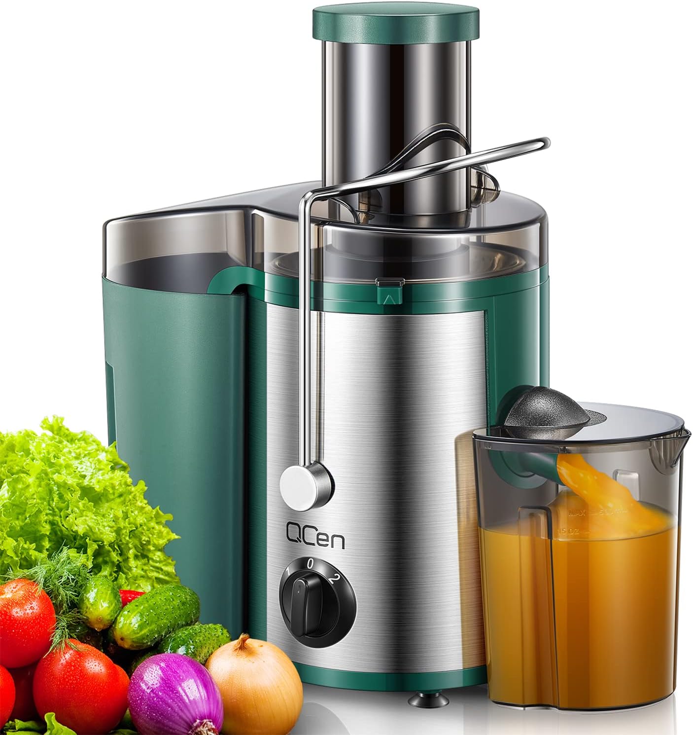 QCen Juicer Machine, 500W Centrifugal Juicer Extractor with Wide Mouth 3” Feed Chute for Fruit Vegetable, Easy to Clean, Stainless Steel, BPA-free (Green)