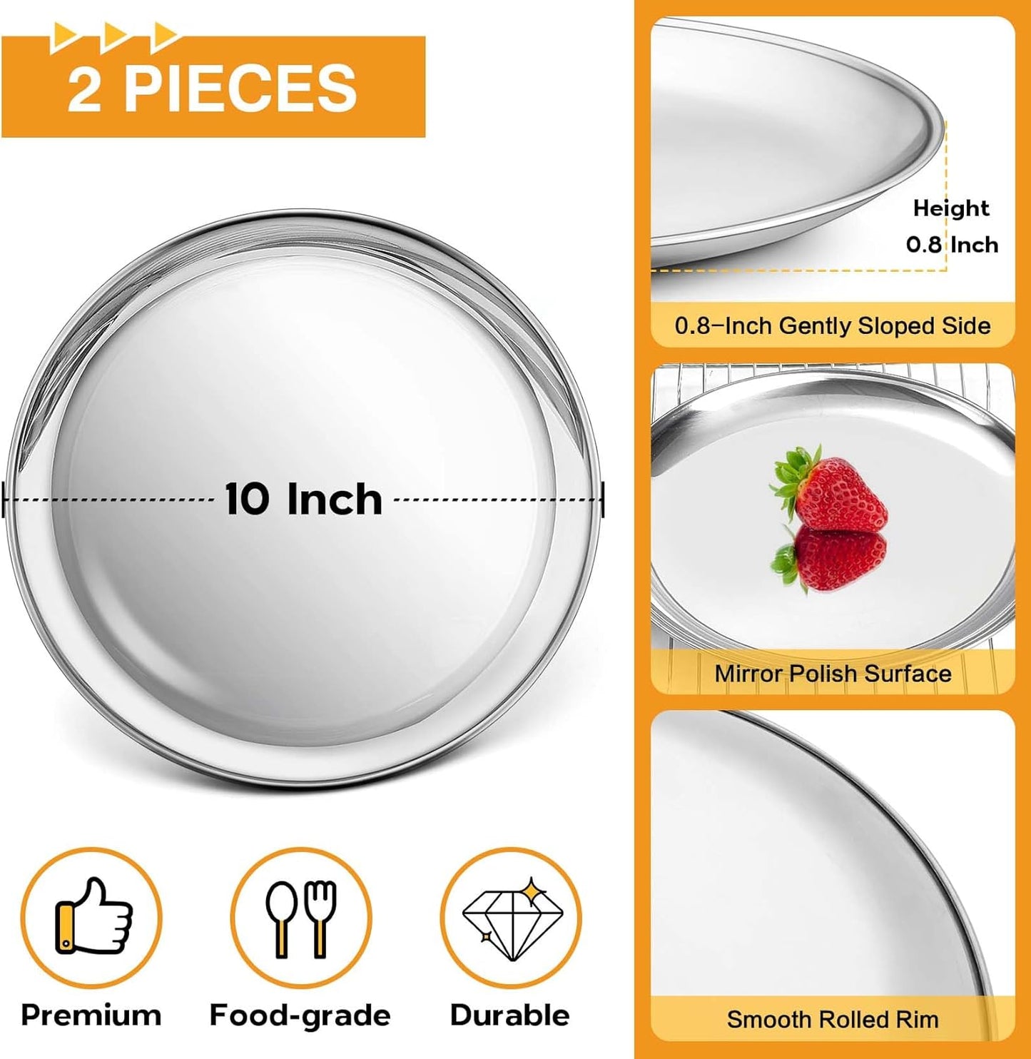 P&P CHEF 10 Inch Pizza Pan, Stainless Steel Round Pizza Tray Baking Pans, Pizzas Plate Serving Tray for Cookie Meat, Oven & Dishwasher Safe & Easy Cleaning, (Mirror Finish) - 2 Pieces