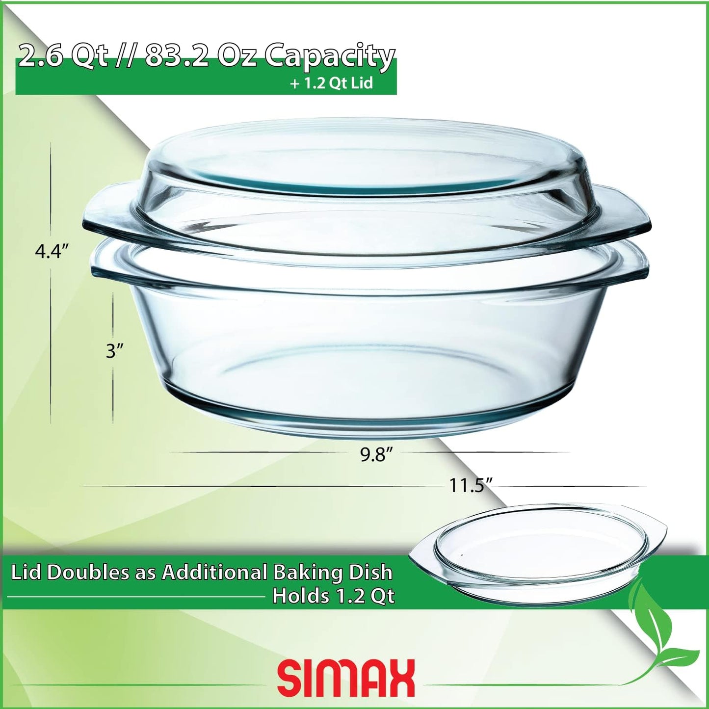 Simax Casserole Dish with Lid, 2.5 Quart Round Glass Casserole Dishes for Oven with Lid and Handles, Baking Dishes for Oven, Covered Bowl for Cooking, Baking, Serving, Microwave, Dishwasher, and Oven Safe Cookware
