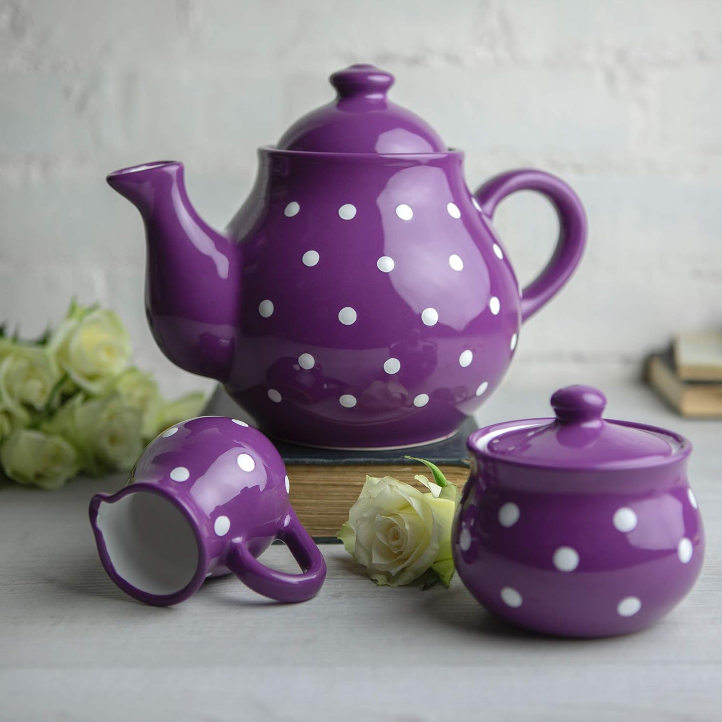 Handmade Purple and White Polka Dot Large Ceramic 1,7l/60oz/4-6 Cup Teapot, Milk Jug, Sugar Bowl Set, Pottery Tea Set, Housewarming Gift for Tea Lovers by City to Cottage®