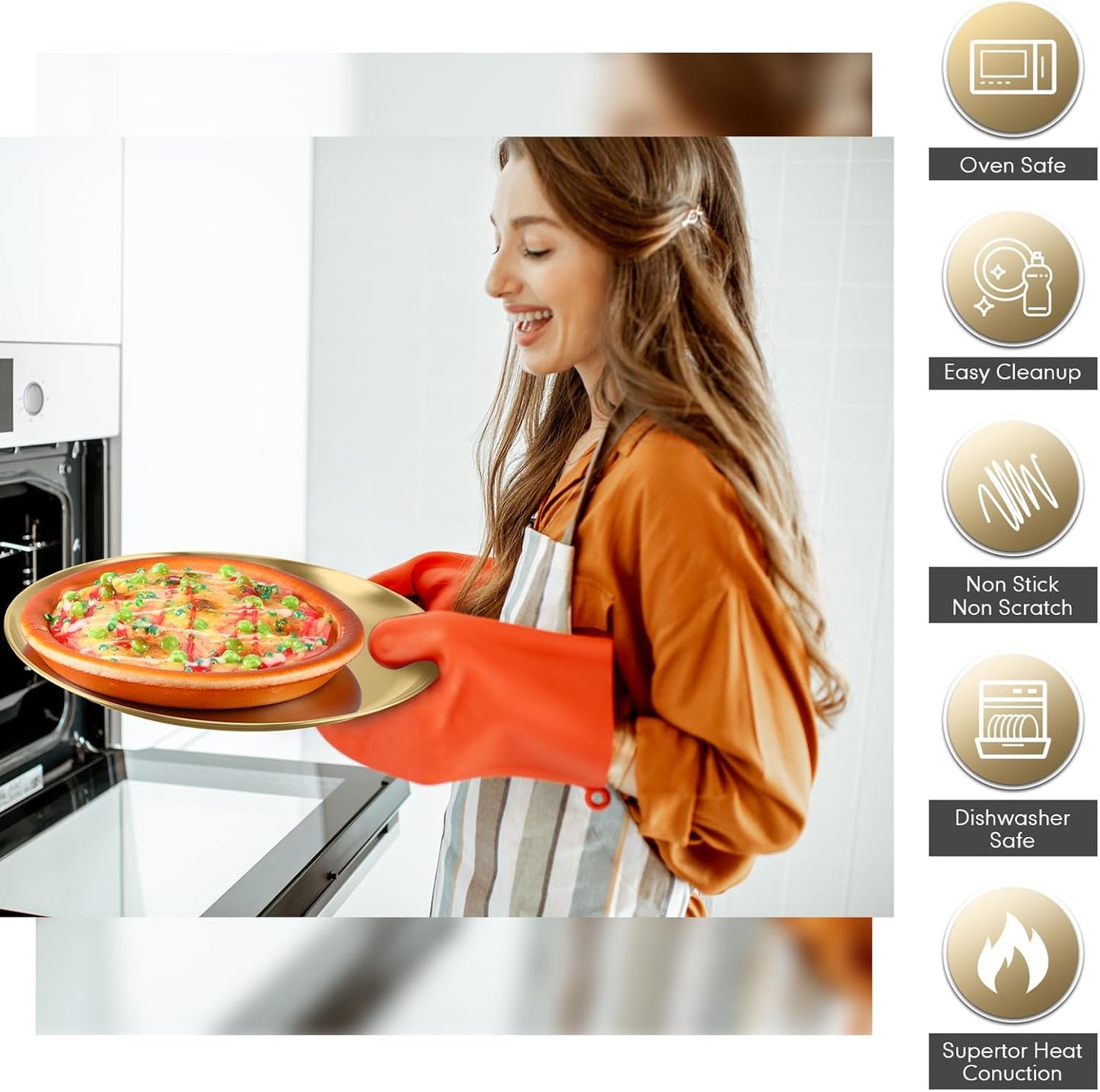 Thenshop 8 Pieces 12 Inch Pizza Pans Bulk Stainless Steel Sets Round Bakeware Pizza Trays for Oven Kitchen Baking Home Restaurant Safe Sturdy Reusable Easy Clean(Gold)