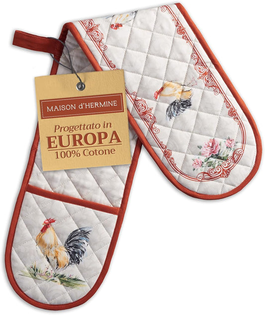 Maison d' Hermine Double Oven Mitts 100% Cotton 7"x35" Double Oven Mitt Heat Resistant BBQ Cooking Gloves with Loop, Baking, Grilling, Home, Kitchen, Handling Hot Pans Spring Summer (Campagne)