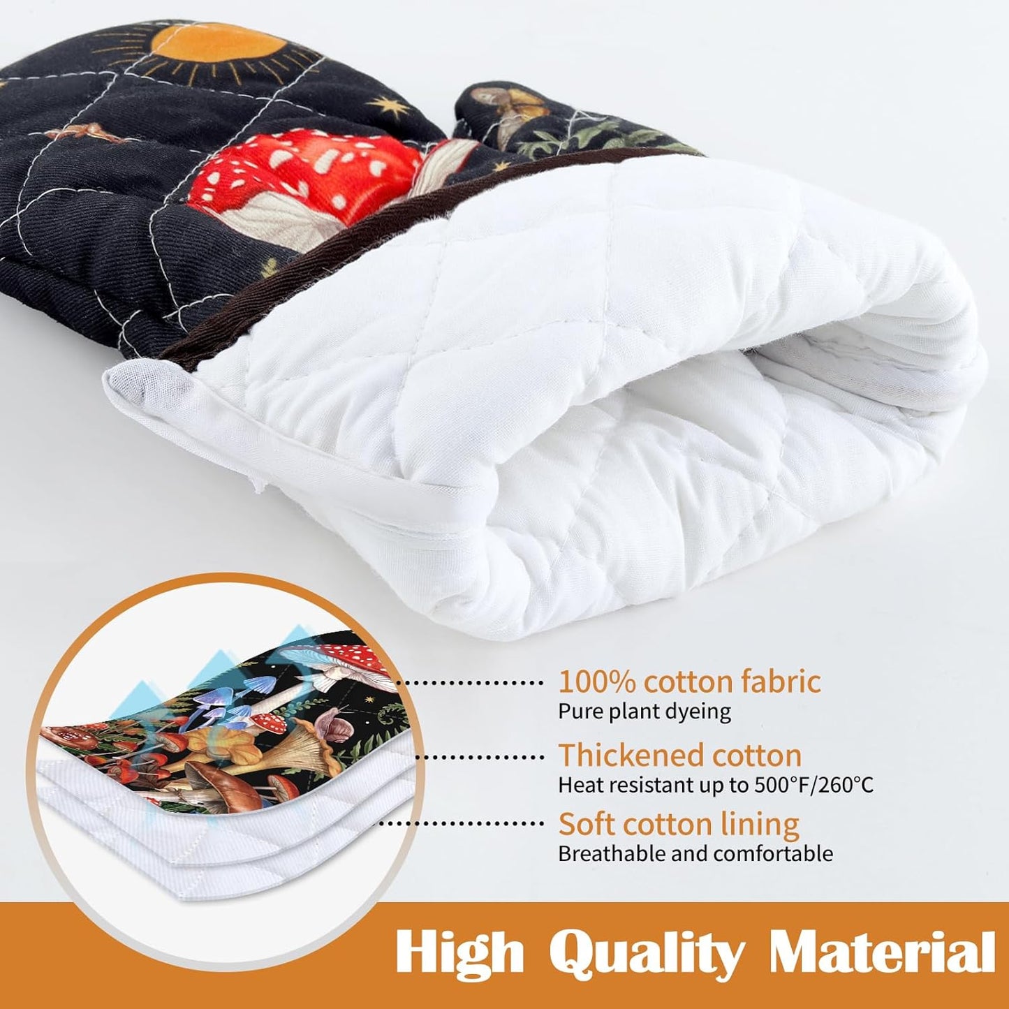 Mushroom Grass Oven Mitts and Pot Holders Sets 4Pcs, 100% Cotton Heat Resistant, Extra Long Oven Gloves Potholder for Kitchen Cooking Baking Decoration