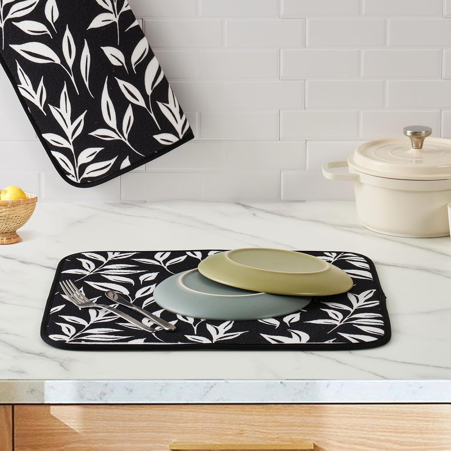 FRESHMINT Printed Dish Drying Mats for Kitchen Counter 2 Pack Absorbent Reversible Drying Mats Microfiber Kitchen Countertop Protector Dishes Drying Pad Extra Large 18"x16" Dish Mat