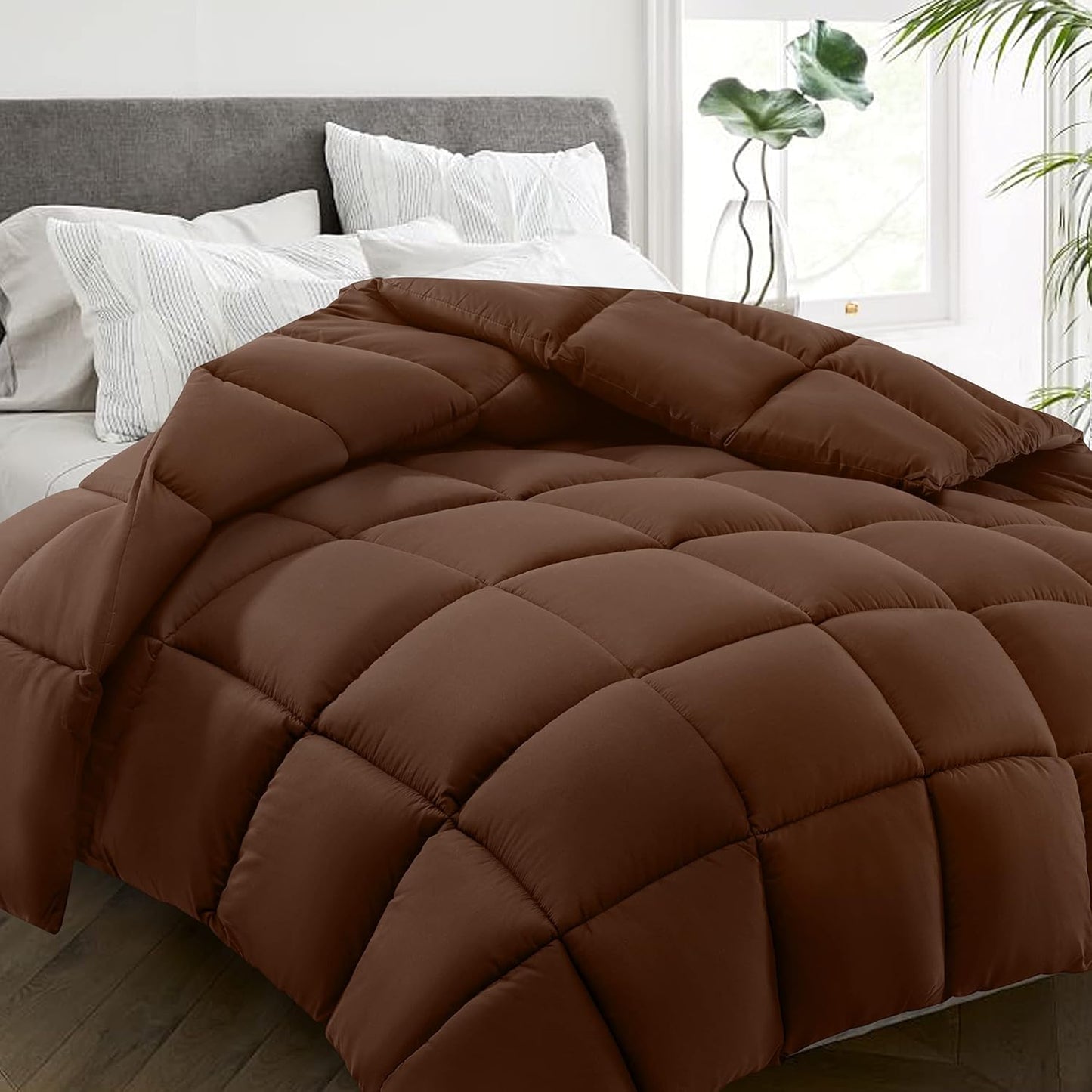 HYLEORY All Season Queen Size Bed Comforter - Cooling Down Alternative Quilted Duvet Insert with Corner Tabs - Winter Warm - Machine Washable - Mocha Coffee