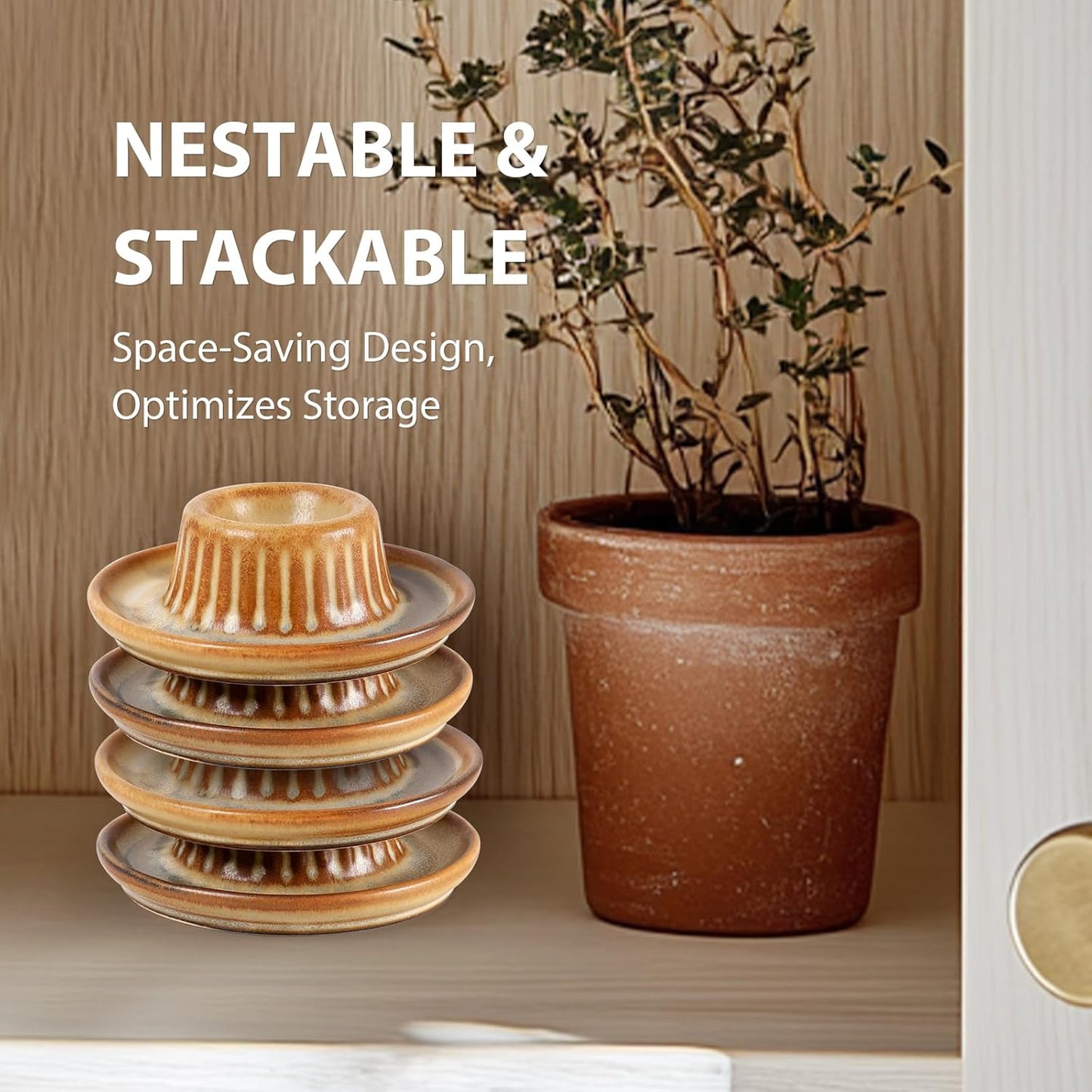 INGOFIN 2 Pcs Ceramic Egg Cups, Soft Boiled Egg Holders Set, Classic Porcelain Stackable, Easy to Clean Tray, Decorative Serving Dish for Breakfast, Easter or Kitchen, Brown