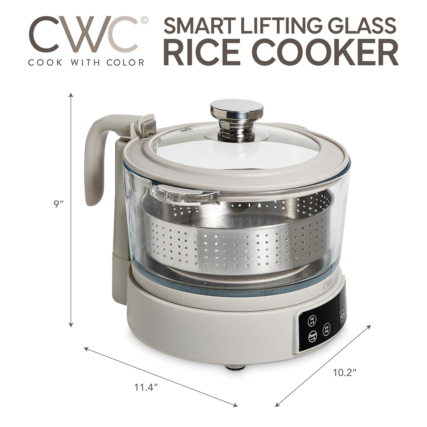 COOK WITH COLOR 3L Glass Low Carb Rice Cooker - Makes 6 Cups Cooked Low Sugar Rice with Auto Lift Filter Basket, Hotpot & Steamer for Rice, Grains and Oats, Digital Panel with Keep Warm, Sand