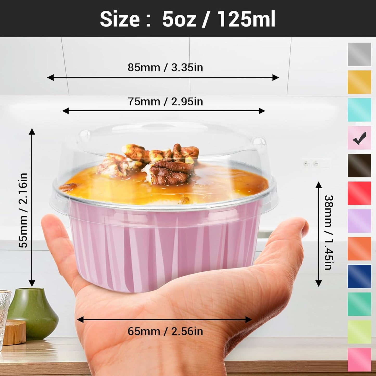 EUSOAR Baking Cups with Lids, Pink 60Packs 5oz Disposable Aluminum Foil Mini Muffin Liners, Dessert Cheesecake Pan Creme Brulee Cupcake Ramekins Containers for Catering Gathering Club Wedding Party