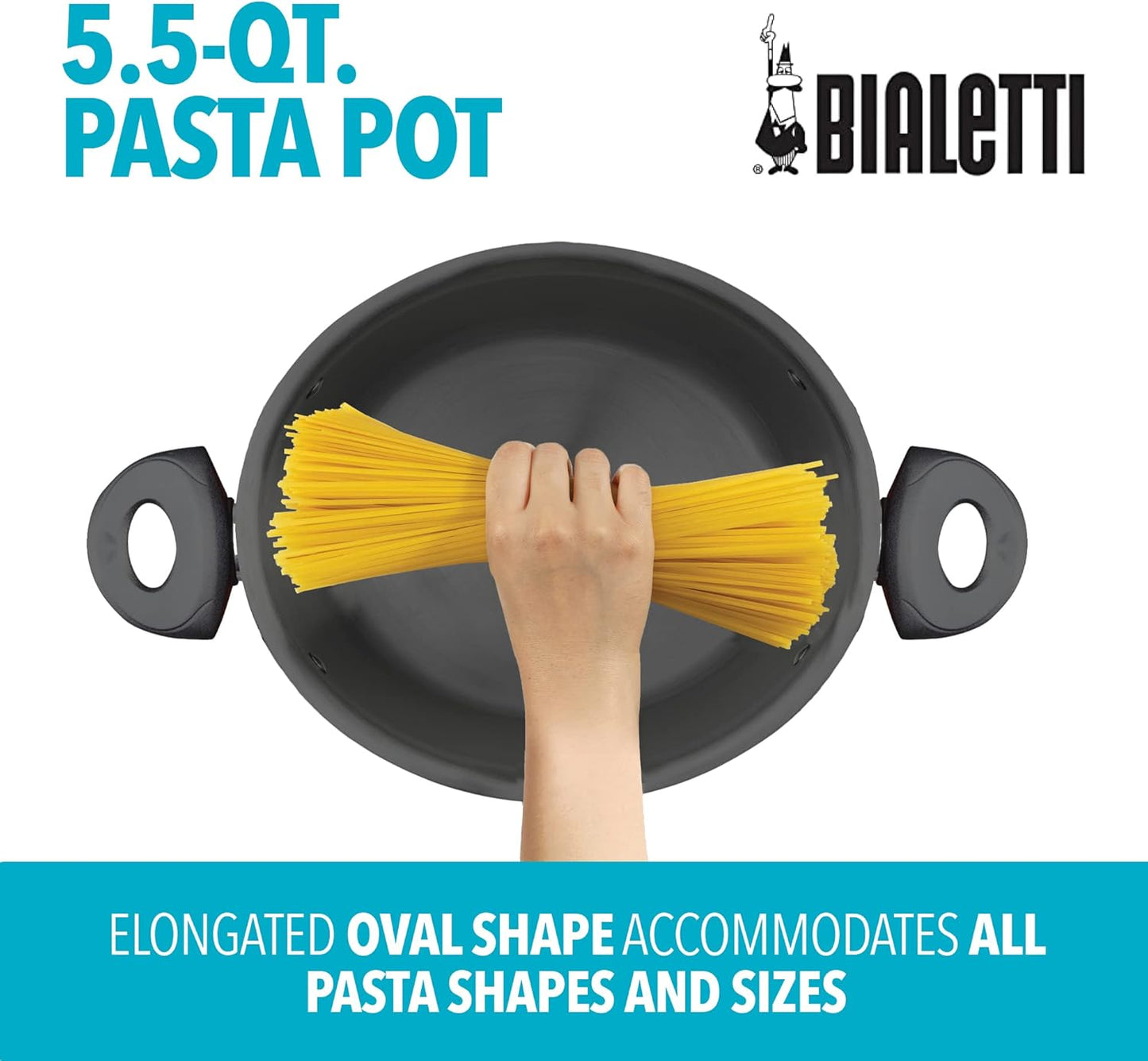 Bialetti 5.5-Quart Nonstick Aluminum Pasta Pot with Strainer Lid and Handles, PFOA-Free Nonstick Oval Cooking Pot and Lid, Black