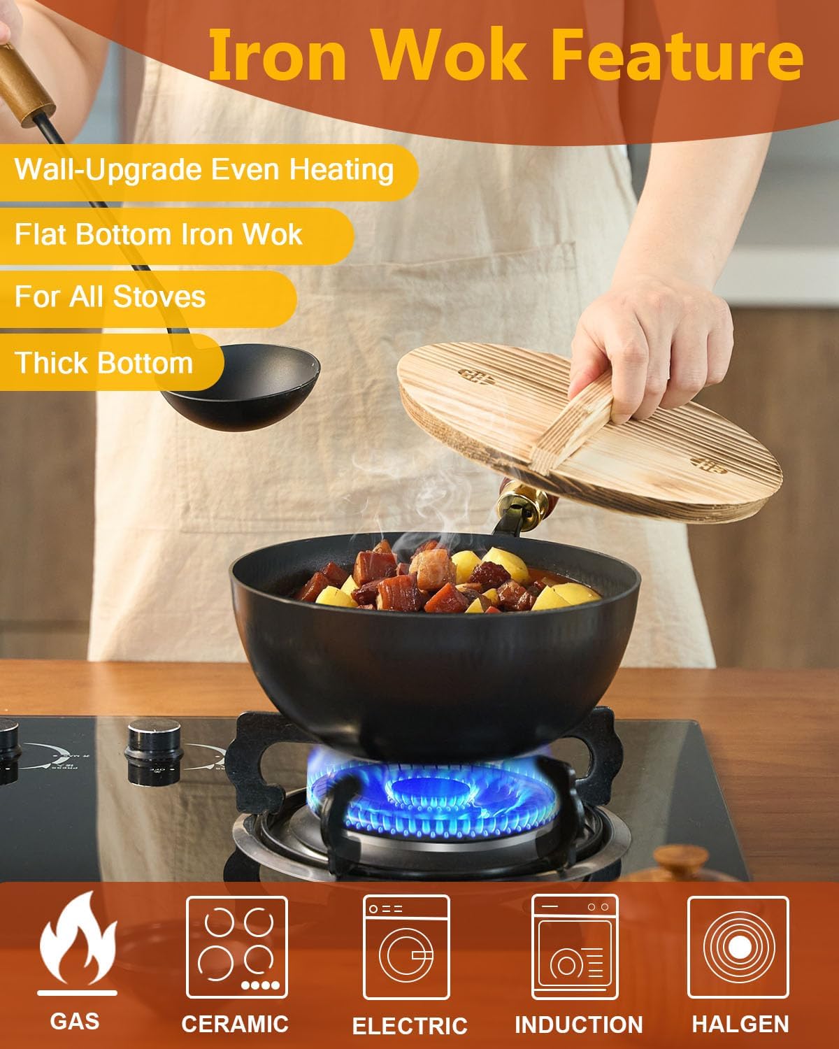 WANGYUANJI Iron Wok,Non-Coated Flat Bottom Small Wok,8.6-Inch Wrought Iron Wok with Lid and Spatula,Stir-Fry Pans Pure Iron Cookware Compatible with Induction, Gas, and Electric Ceramic Cooktops