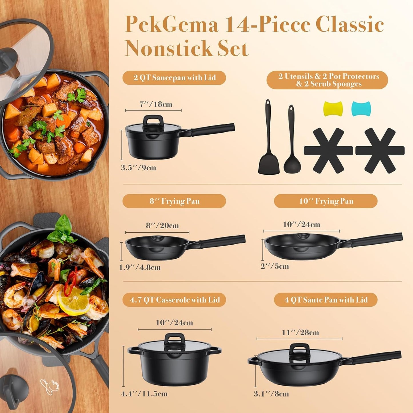PekGema Nonstick Pots and Pans Set, Non Stick Cookware Set 14 Pcs, Induction Cooking Set with Pour Spouts and Oven Safe for Casserole, PFOA FREE, Classic Black