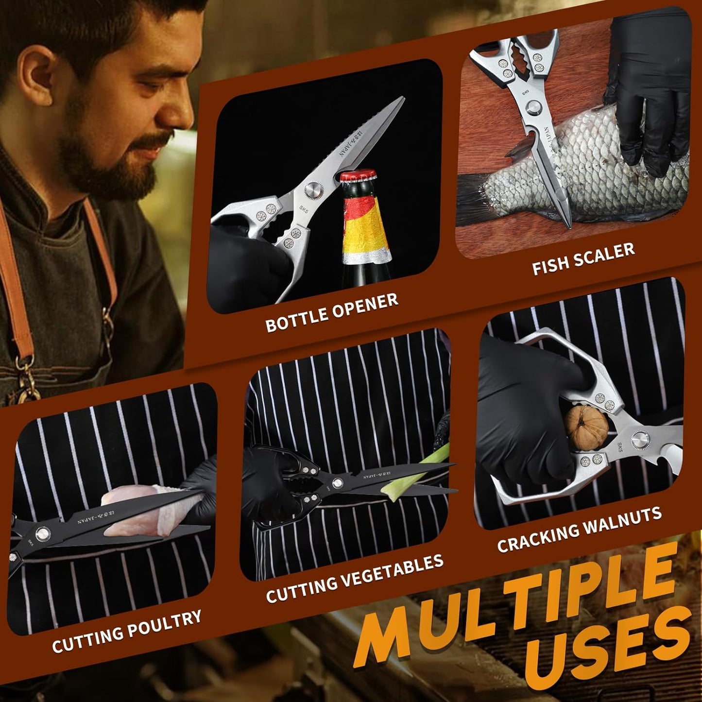 HUUSK Kitchen Shears Set Upgraded - Stainless Steel Kitchen Scissors, Sharp Meat Scissors, Heavy Duty Poultry Shear, Japanese Cooking Scissor for Food, Chicken Bones, and Turkey - Dishwasher Safe