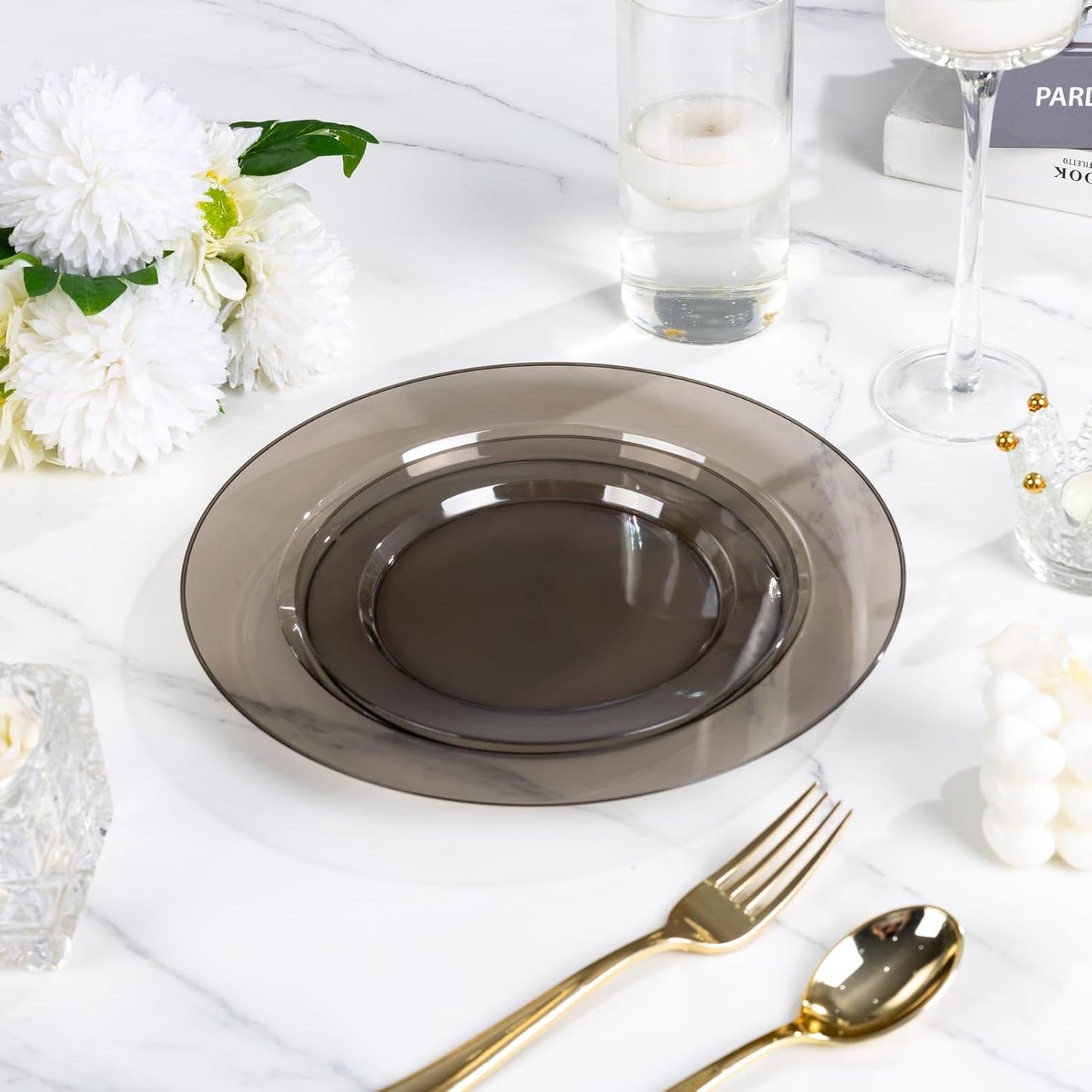 I00000 200 Pcs Clear Black Plastic Plates, Black Disposable Party Plates Include 100 Dinner Plate 10’’ and 100 Dessert Plate 7’’ Perfect for Birthday, Party & Wedding