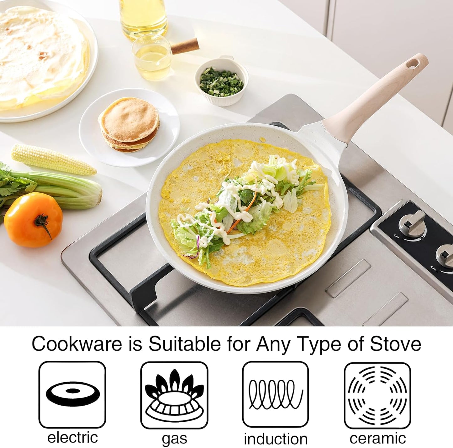 Crepe Pan Nonstick, 10 Inch Healthy Coating Comales para Tortillas Dosa Pan with Spreader, Induction Compatible, PFOA Free (White)