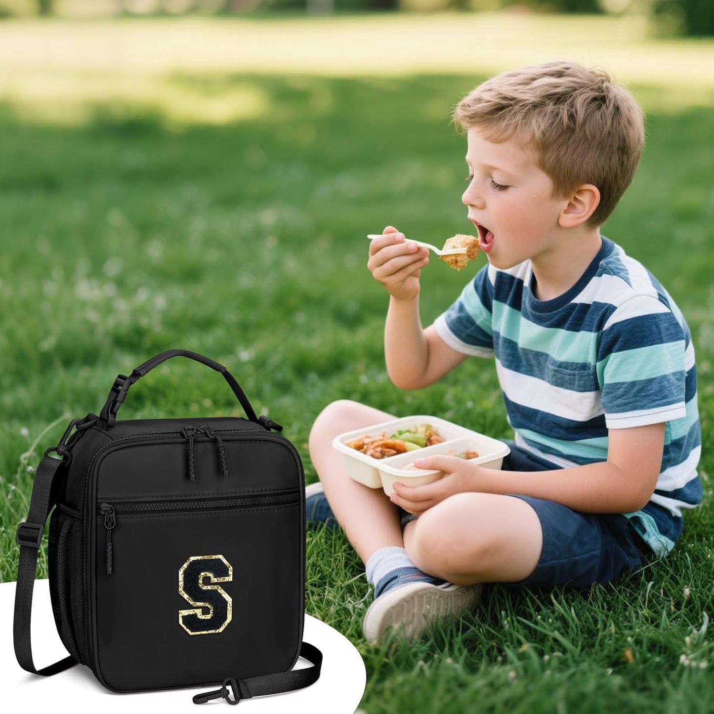 Initial Insulated Lunch Bag for Boys Kids, Back to School Gift, Reusable Leak-proof Lunch Box with Adjustable Strap for School Daycare Travel Picnic（Black，S）
