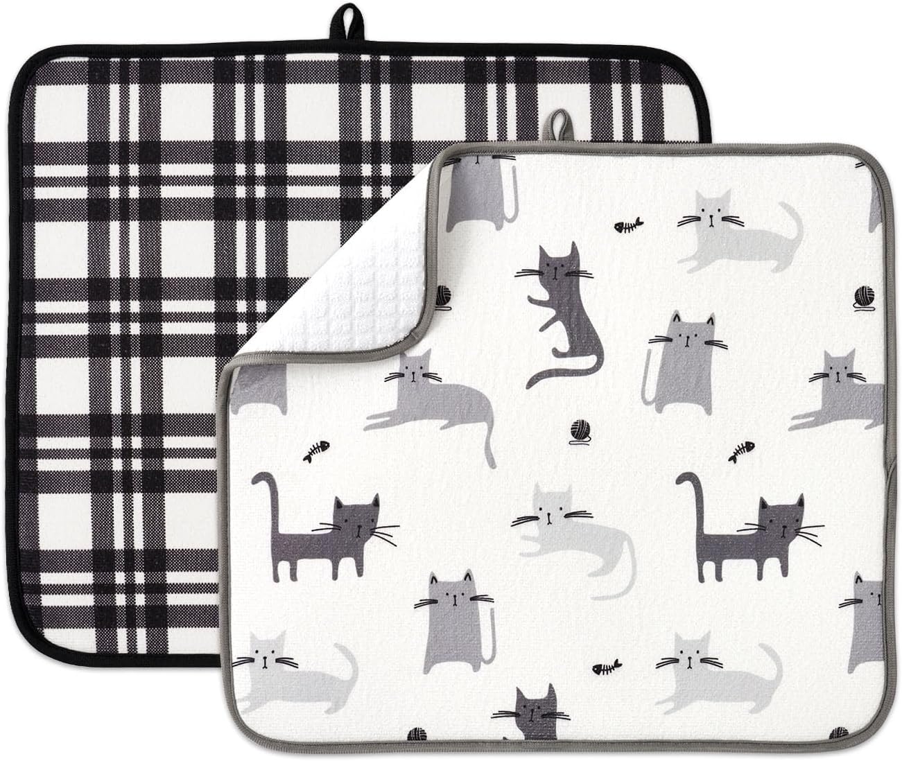 FRESHMINT Printed Dish Drying Mat Set for Kitchen Counter Absorbent Reversible Drying Mats Microfiber Kitchen Countertop Protector Dishes Pad 2 Pack Large Dish Drainer Rack Mat, 18" x 16"