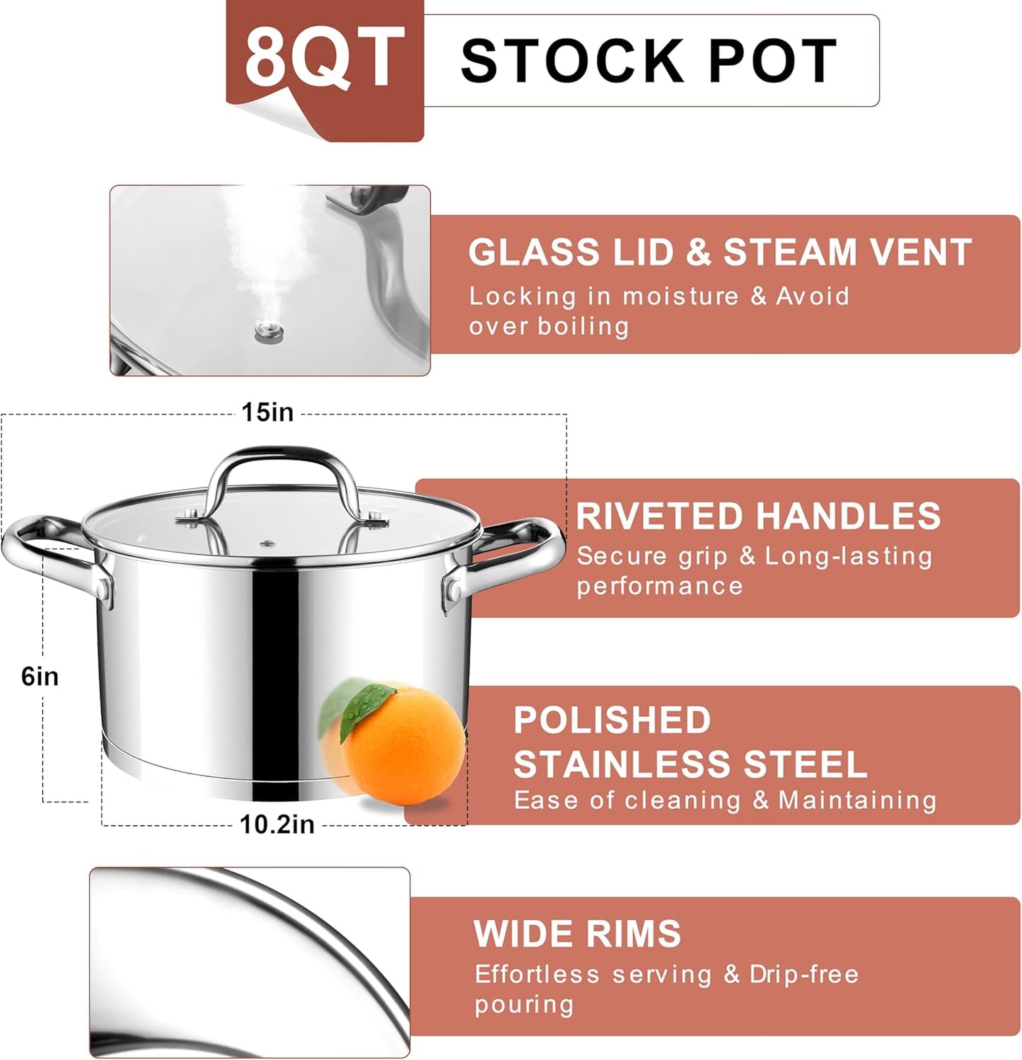E-far Stainless Steel Stock Pot, 8 Quart Tri-ply Base Cooking Pot with Glass Lid, Induction Soup Pot Compatible with All Stoves, Nontoxic & Thick Bottom, Oven & Dishwasher Safe