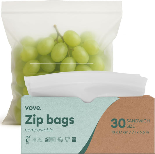 Vove Compostable Zip Bags | 30-Pack Sandwich Size | Biodegradable Food Storage | PLA & PBAT Eco-Friendly | Zero Waste Kitchen | Plastic-Free | FSC & DIN Certified