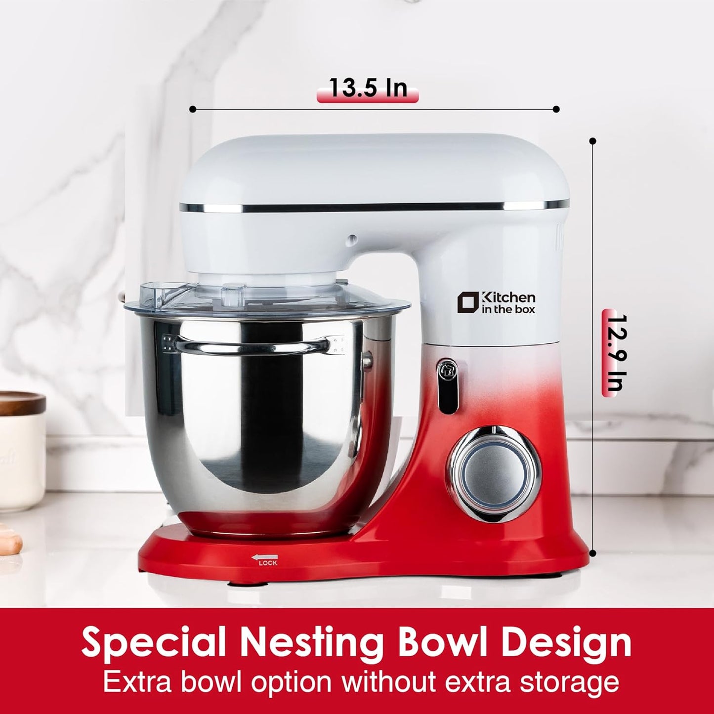 Kitchen in the box Stand Mixer, 5QT + 4.5QT Two bowls Electric Food Mixer, 10 Speeds Kitchen Mixer for Daily Use with Egg Whisk,Dough Hook,Flat Beater (Gradient Red, 5QT)