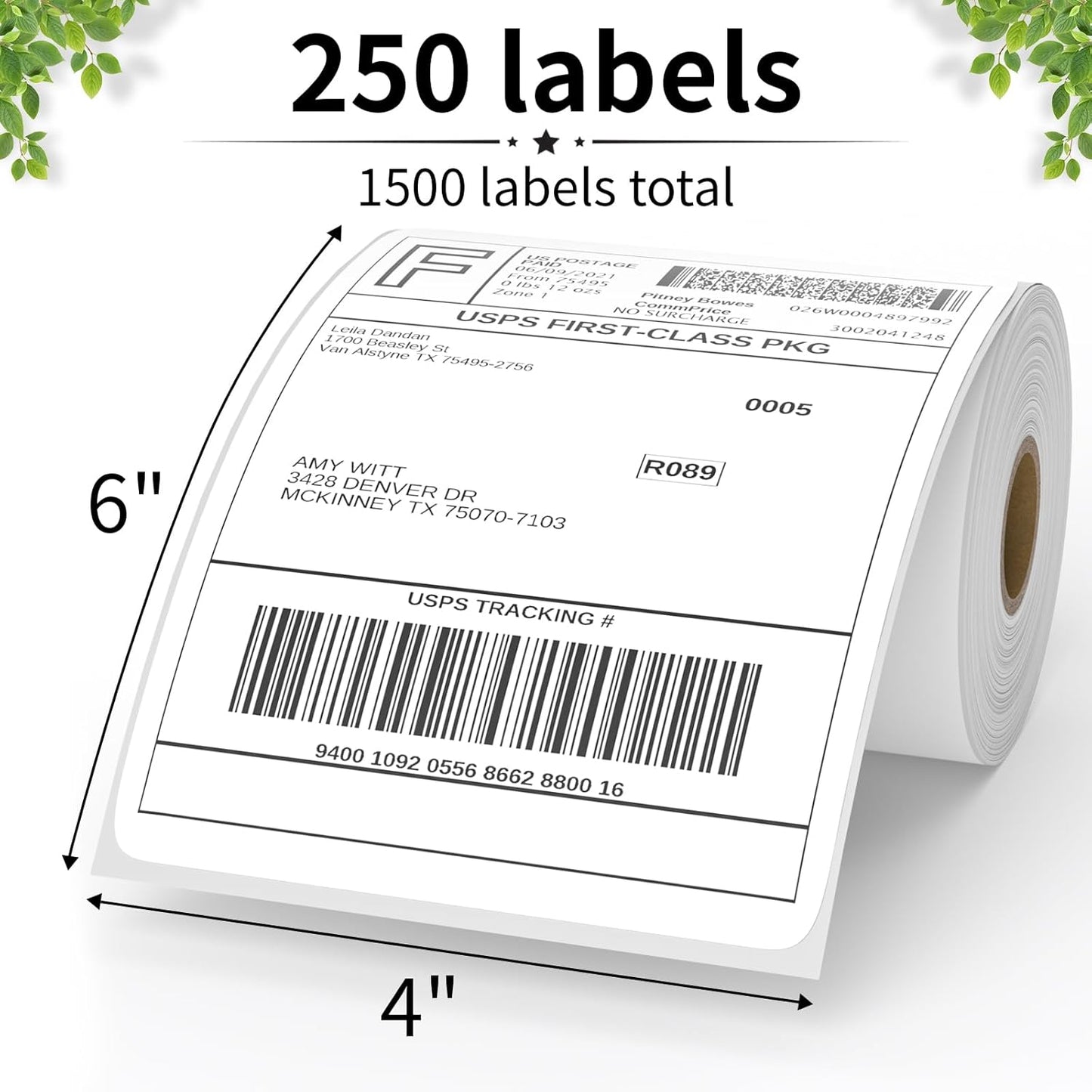 FungLam 6 Rolls 4"x6" Thermal Shipping Labels, 250 Labels/6 Roll, 1" Core, Perforated, Address Mailing Shipping Labels Compatible with JADENS,Rollo, Zebra,iDPRT.