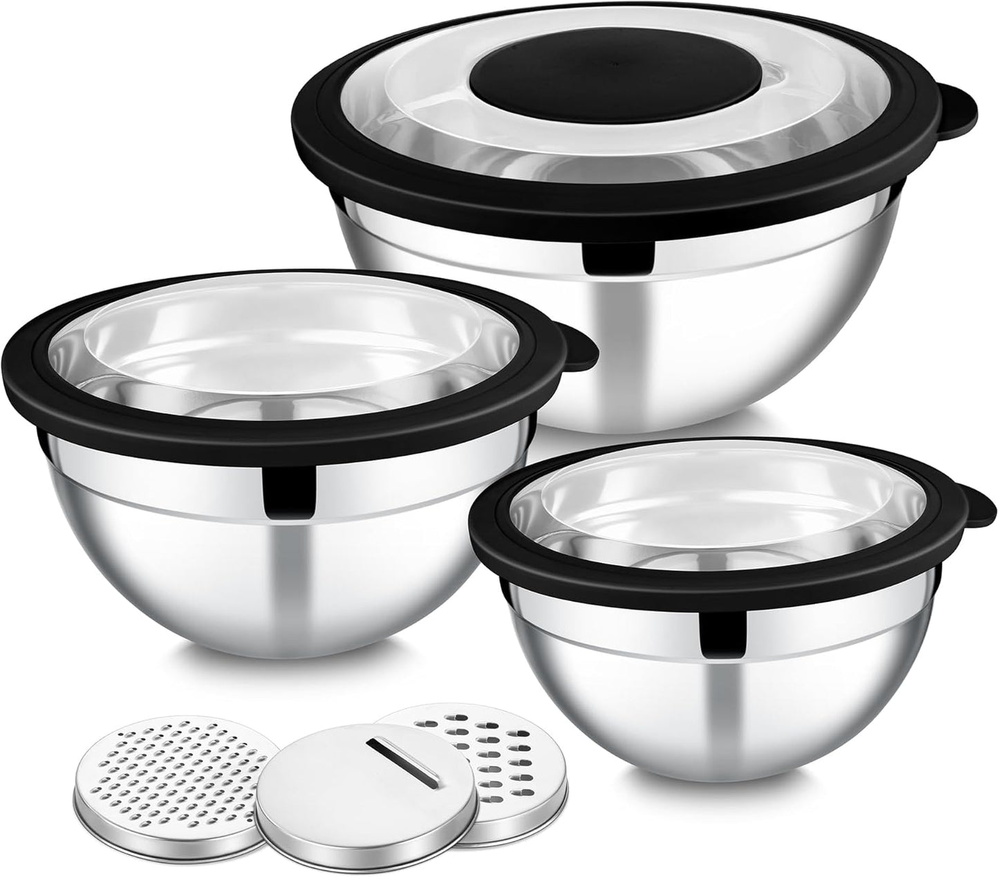 E-far Mixing Bowls with Lids and Graters, Stainless Steel Salad Mixing Bowl with Transparent Lid Set of 3, Metal Nesting Salad Storage for Kitchen Prepping/Serving/Baking, 4.6/2.6/1.5QT - Black