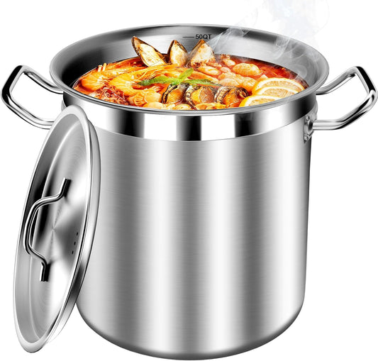 50 Quart Stainless Steel Stock Pot with Lid – Heavy Duty Cooking Pot for Soup, Commercial Soup Pots, 3-Ply Induction Bottom, Oven Safe