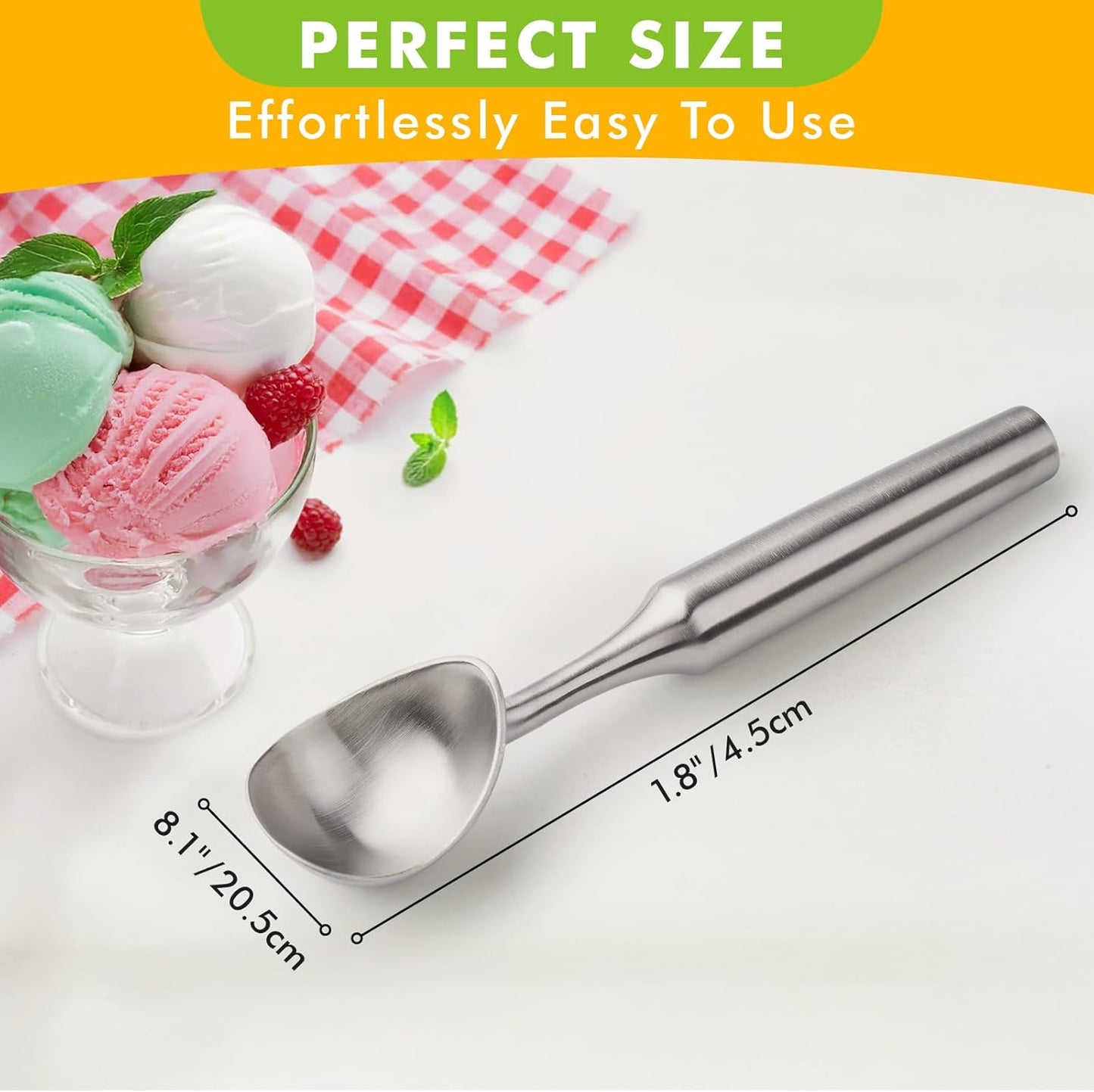Ice Cream Scoop Stainless Steel. Ice Cream Scooper, Heavy Duty, Seamless Design, Comfortable Grip Long Handle, for Ice Cream, Gelato, Sorbet, Cookie Dough, Melon, Frozen Yogurt