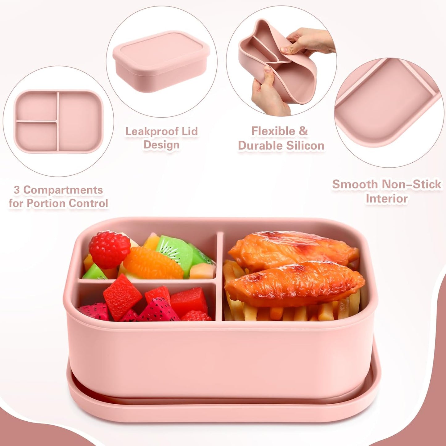 Honeydak 6 Pcs Silicone Bento Box 3 Compartment Reusable Lunch Container Smooth and Leakproof Meal Prep Lunch Box with Lid Stackable Meal Prep Container for Work Travel, 6 Colors(Light Colors)
