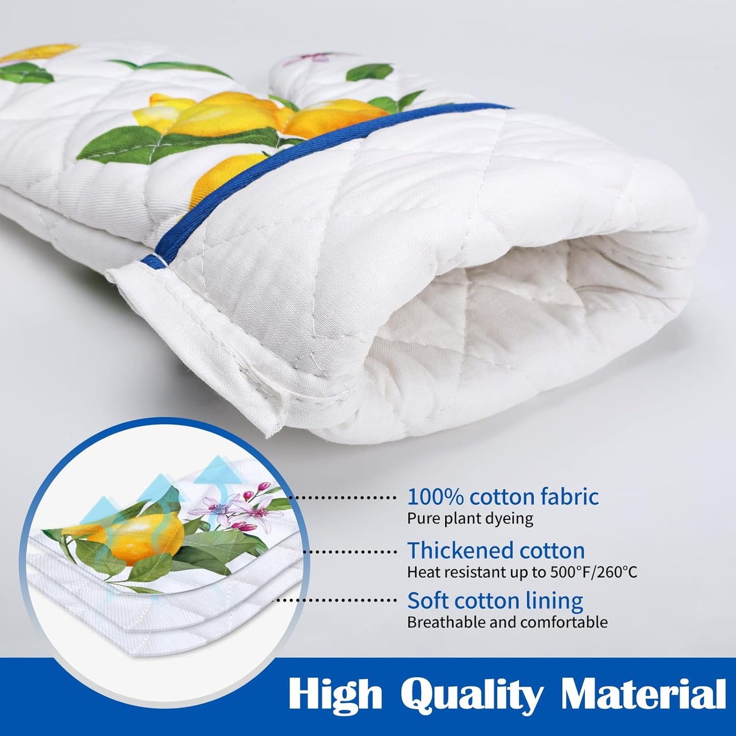 Summer Lemon Oven Mitts and Pot Holders Sets 4Pcs, 100% Cotton Heat Resistant, Extra Long Oven Gloves Potholder for Kitchen Cooking Baking Decoration