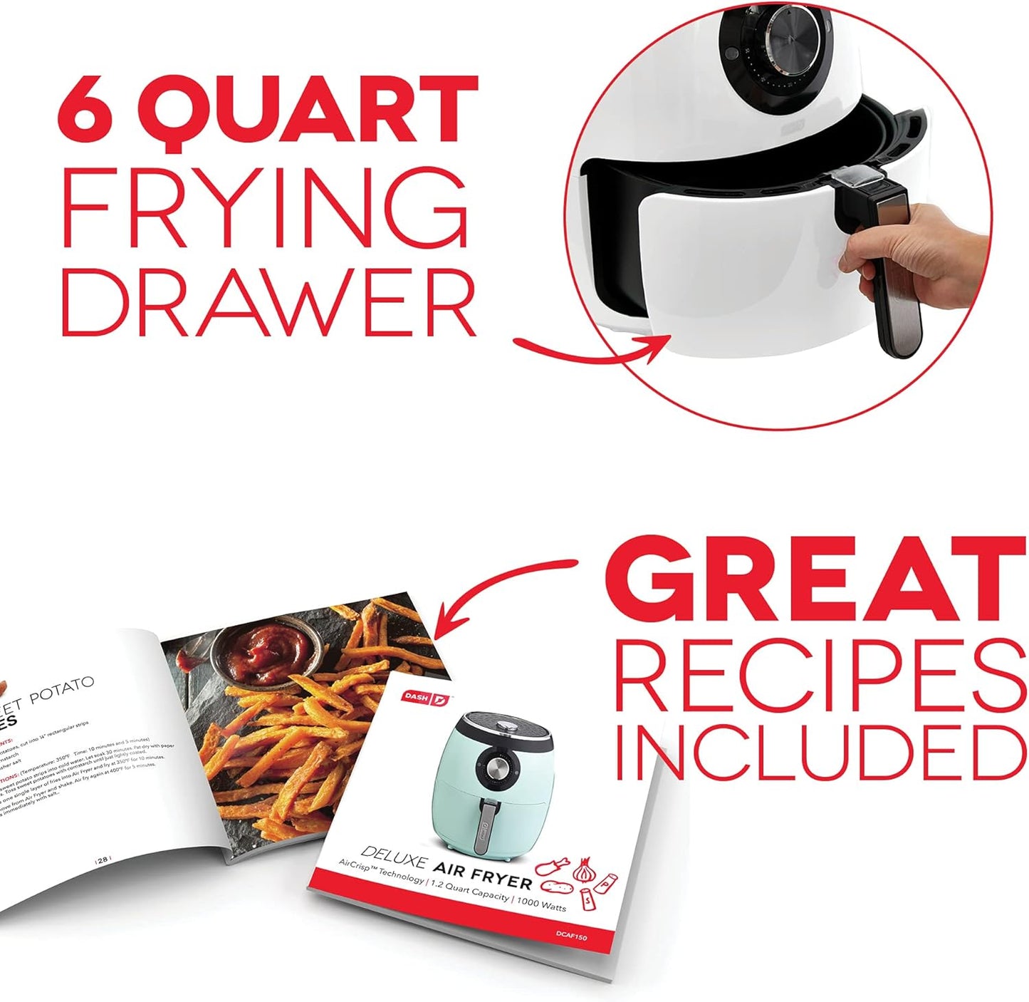 Dash Deluxe Electric Air Fryer + Oven Cooker with Temperature Control, Non-stick Fry Basket, Recipe Guide + Auto Shut Off Feature, 1700-Watt, 6 Quart - White