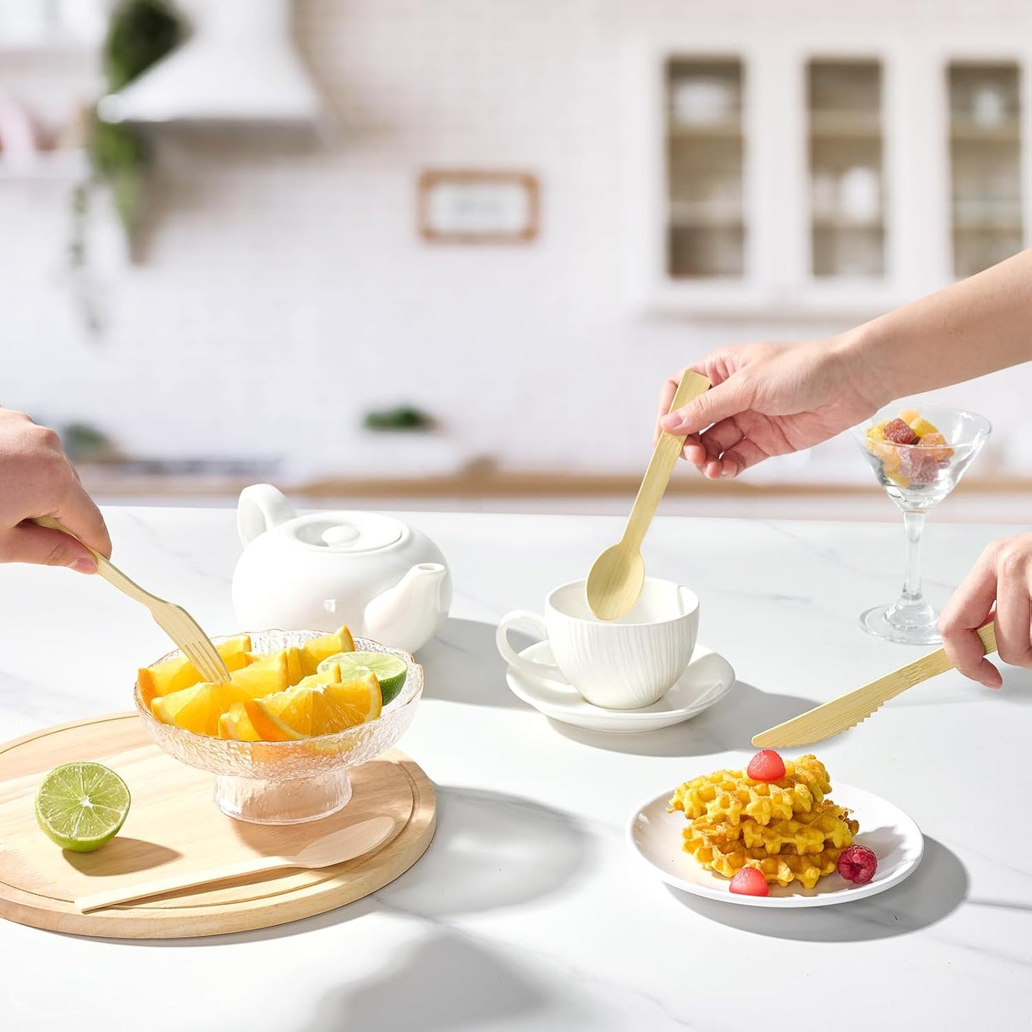 ECOLipak 300 Count Bamboo Cutlery Set, 100 Knives, Forks and Spoons each, No Splinters Disposable Cutlery Set Compostable Utensils for Party, Camping, Traveling, Family Dinners