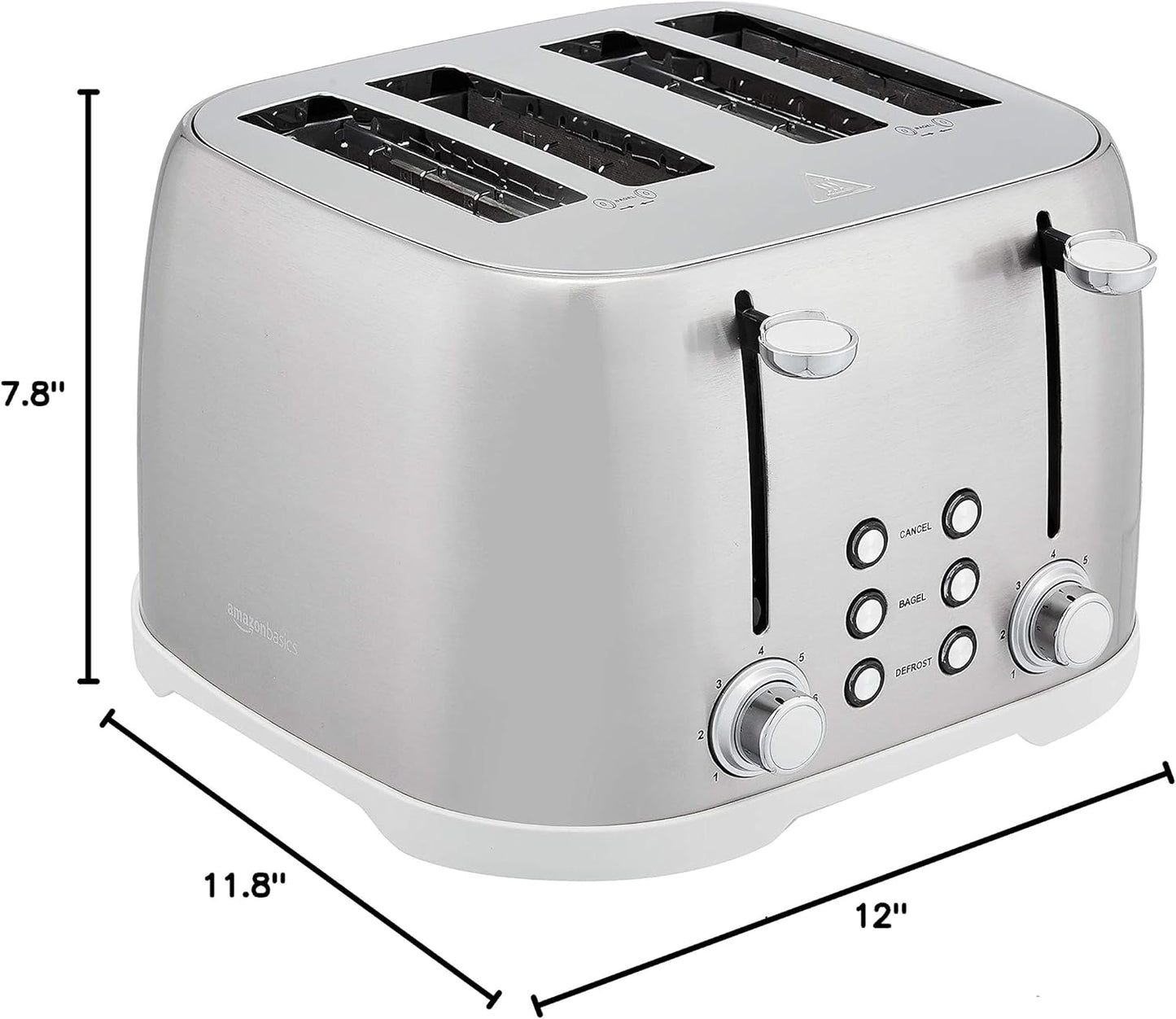 Amazon Basics 4 Slice Toaster with 6 Browning Settings, Removable Easy-to-Clean Crumb Tray, Cancel Button, 1600W, Brushed Silver