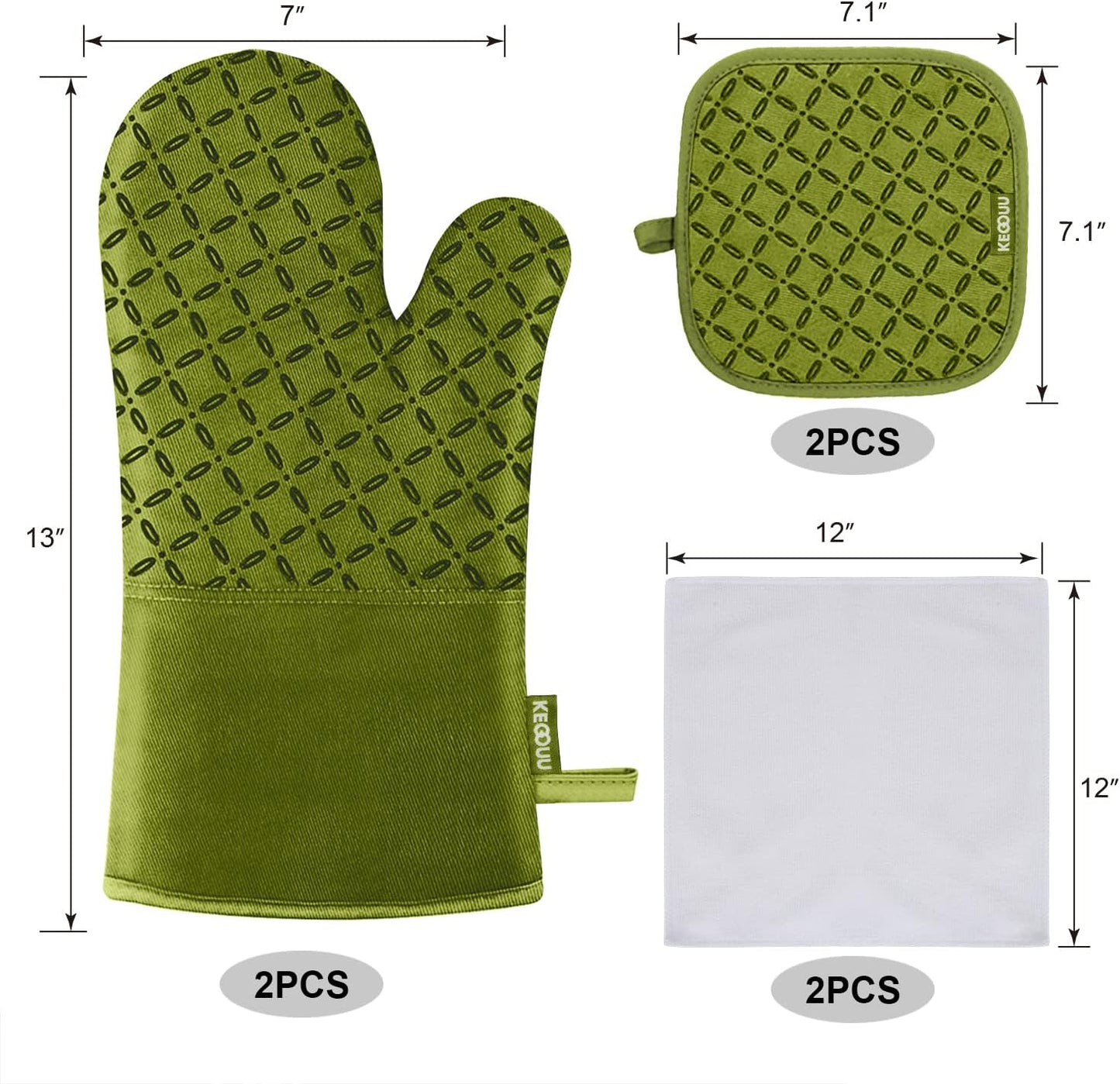 KEGOUU Oven Mitts and Pot Holders 6pcs Set, Kitchen Oven Glove High Heat Resistant 500 Degree Extra Long Oven Mitts and Potholder with Non-Slip Silicone Surface for Cooking (Olive Drab)